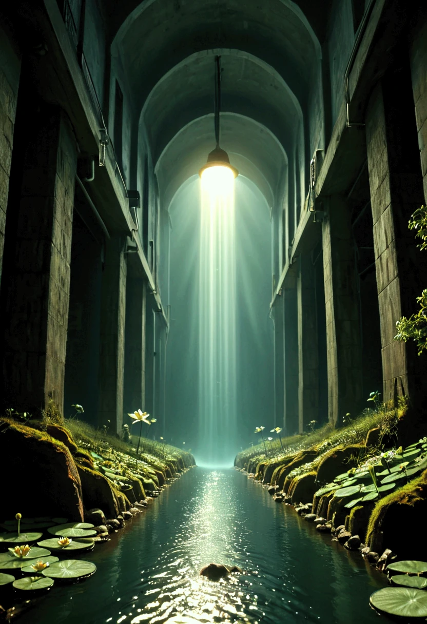 A vibrant underground Lilliputian city thriving beneath a modern urban sewer system. The scene is split, showing the bustling upper city above with towering skyscrapers, busy streets, and modern life, while below lies a miniature, glowing underworld filled with intricate structures, tiny glowing lanterns, and bustling Lilliputian activity. The underground city is connected by delicate bridges, carved tunnels, and shimmering waterways, contrasting the industrial pipes and damp walls of the sewer. The camera captures a seamless transition between the two worlds, highlighting their coexistence in a highly detailed and dynamic composition.