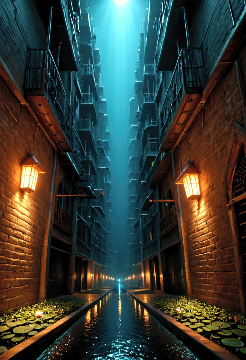 A vibrant underground Lilliputian city thriving beneath a modern urban sewer system. The scene is split, showing the bustling upper city above with towering skyscrapers, busy streets, and modern life, while below lies a miniature, glowing underworld filled with intricate structures, tiny glowing lanterns, and bustling Lilliputian activity. The underground city is connected by delicate bridges, carved tunnels, and shimmering waterways, contrasting the industrial pipes and damp walls of the sewer. The camera captures a seamless transition between the two worlds, highlighting their coexistence in a highly detailed and dynamic composition.