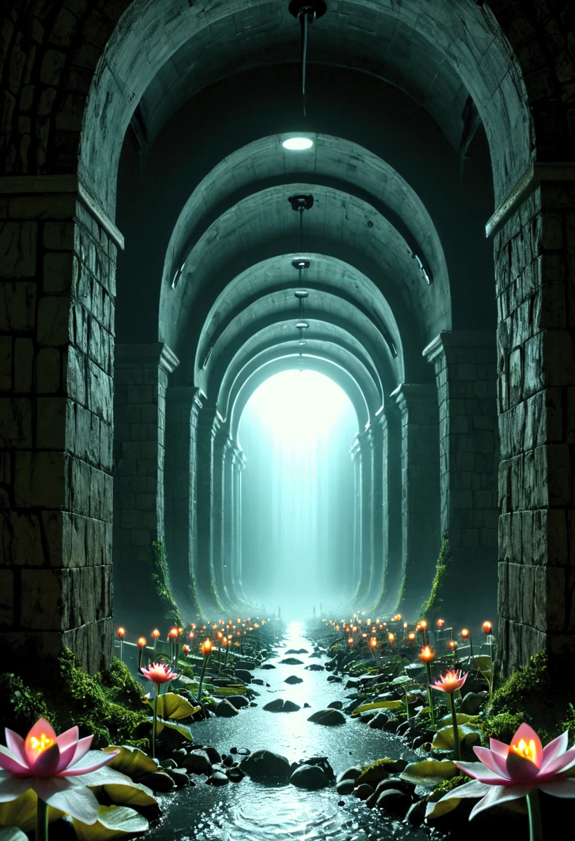 A vibrant underground Lilliputian city thriving beneath a modern urban sewer system. The scene is split, showing the bustling upper city above with towering skyscrapers, busy streets, and modern life, while below lies a miniature, glowing underworld filled with intricate structures, tiny glowing lanterns, and bustling Lilliputian activity. The underground city is connected by delicate bridges, carved tunnels, and shimmering waterways, contrasting the industrial pipes and damp walls of the sewer. The camera captures a seamless transition between the two worlds, highlighting their coexistence in a highly detailed and dynamic composition.