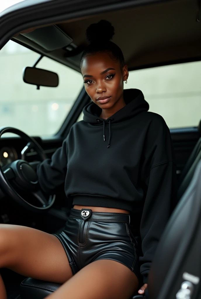 Black woman wearing leather short shorts up in crack black hoodie hair in a bun setting in car seat camera in between legs legs spread out