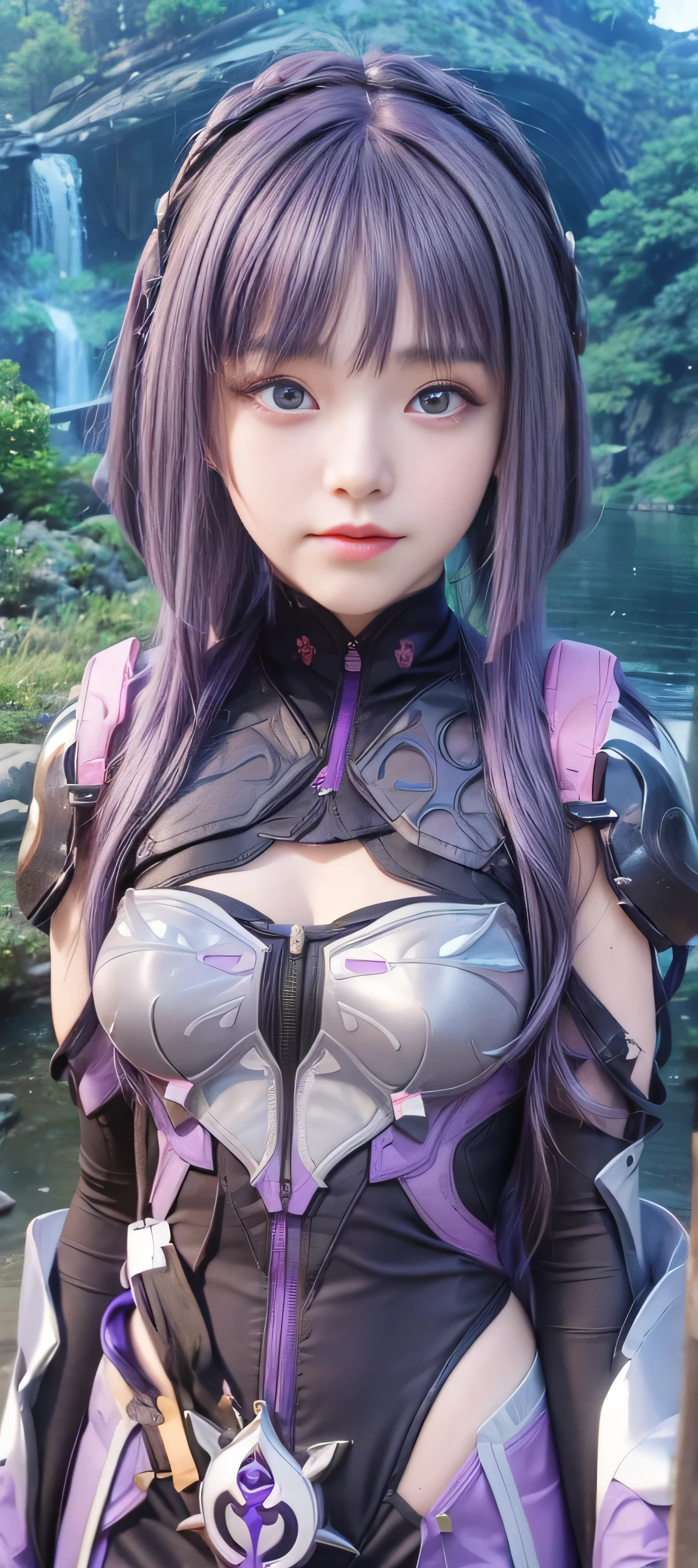 masterpiece, best quality, (realistic,photo-realistic:1.4), (RAW photo:1.2), extremely detailed CG unity 8k wallpaper, delicate and beautiful, amazing,finely detail, official art, absurdres, incredibly absurdres, huge filesize, ultra-detailed,extremely detailed eyes and face,light on face,(little smile),sumire kakei,(purple hair:1.4),long hair,river background,(wearing honkai impact outfit:1.5),(nature background:1.5),(:1.5), cyber armor