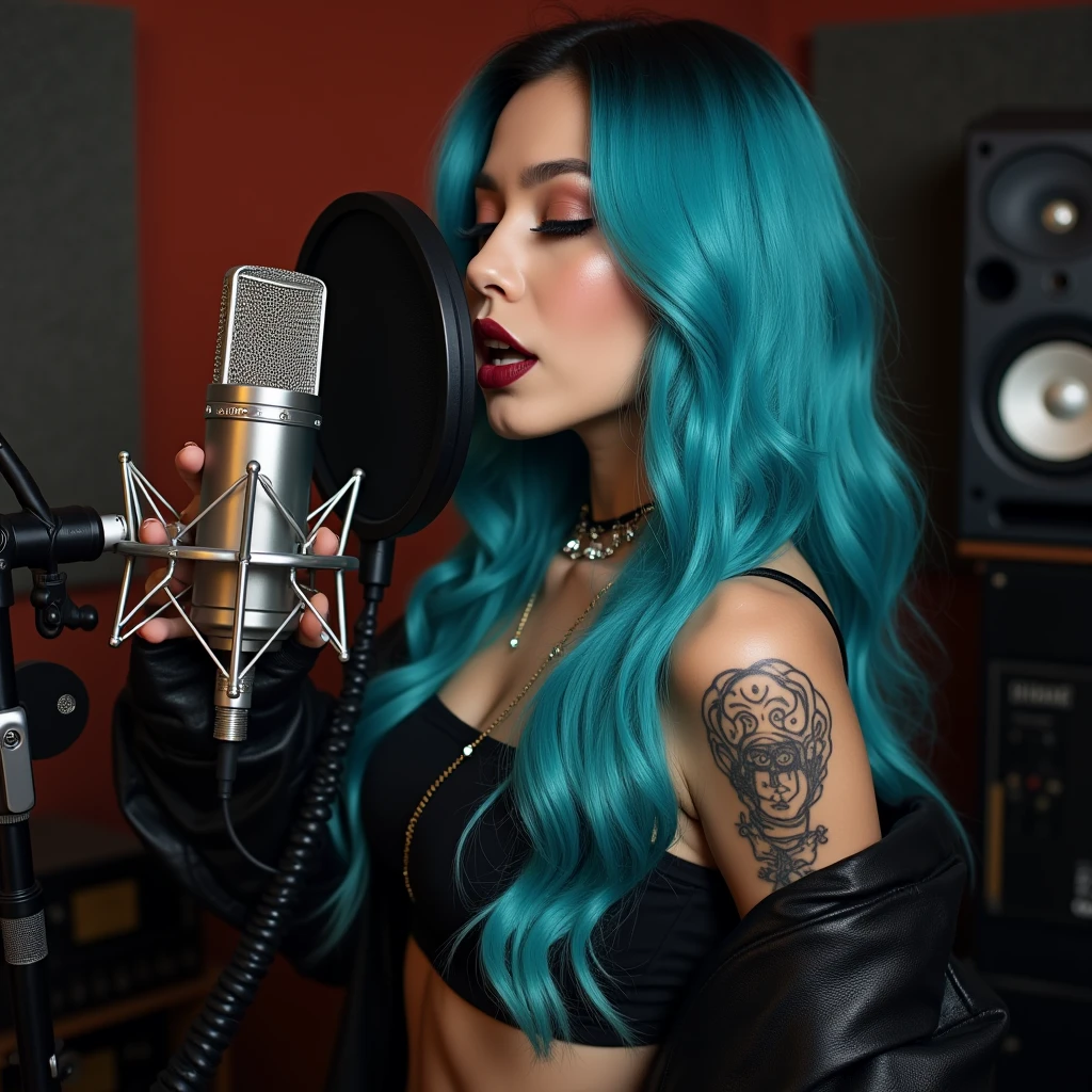 vintage polaroid analog portrait photography of woman with green hair wearing leather clothes, intricate detail, centered