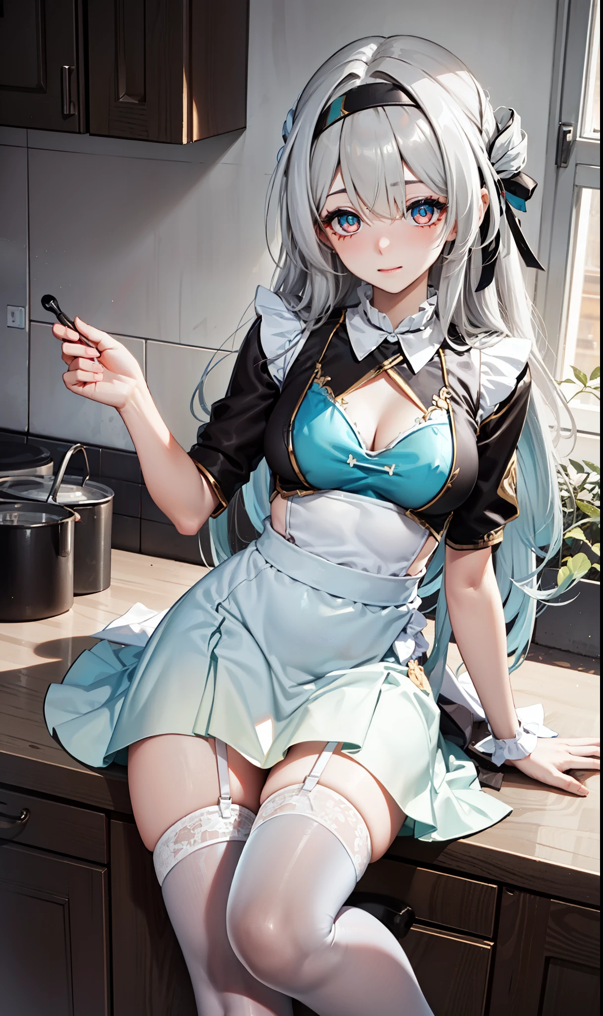 goddess,obsessed, Have Fun ,in love,( Transparent uniform, Wearing a long skirt ),Silver Hair, transparent clothes ,Exquisite hair accessories, transparent lace ,Red cheongsam,Leggings,night,Dress nicely,Lonely,night,Long socks , a pretty face ,garter,kitchen, transparent apron,inflatable toy