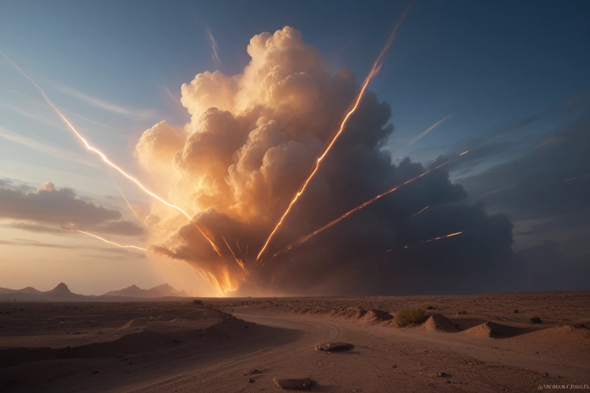 A photorealistic aerial view of a vibrant, multicolored Disdyakis-Triacontahedron suspended above a massive horizontal vortex in the desert. The structure glows with an otherworldly light, casting shimmering reflections across the swirling dust. From this high perspective, the vortex is a colossal spiral of dark, churning waves, drawing debris from shattered boulderss into its maw. Surrounding the scene, a massive storm blankets the area, with thick clouds and jagged lightning bolts illuminating the chaos below. The eerie chiaroscuro effect enhances the contrast between the glowing object, the storm, and the violent desert, creating a hyper-detailed, breathtakingly surreal view that feels both cosmic and apocalyptic.