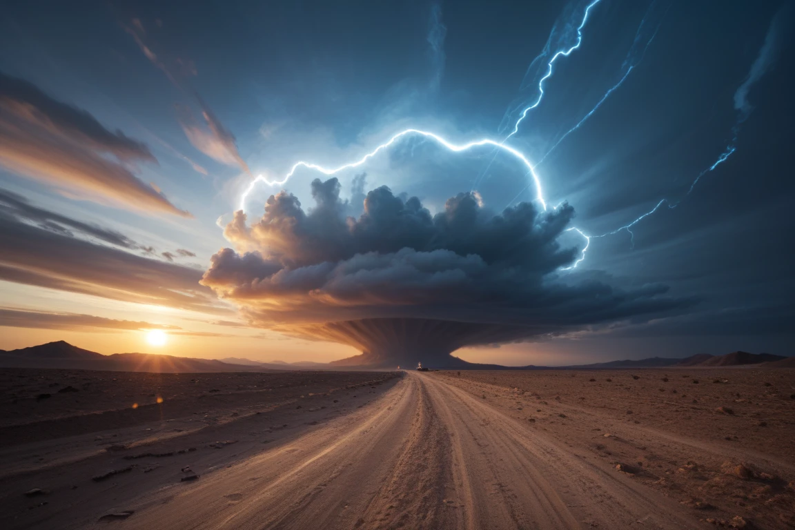 A photorealistic aerial view of a vibrant, multicolored Disdyakis-Triacontahedron suspended above a massive horizontal vortex in the desert. The structure glows with an otherworldly light, casting shimmering reflections across the swirling dust. From this high perspective, the vortex is a colossal spiral of dark, churning waves, drawing debris from shattered boulderss into its maw. Surrounding the scene, a massive storm blankets the area, with thick clouds and jagged lightning bolts illuminating the chaos below. The eerie chiaroscuro effect enhances the contrast between the glowing object, the storm, and the violent desert, creating a hyper-detailed, breathtakingly surreal view that feels both cosmic and apocalyptic.