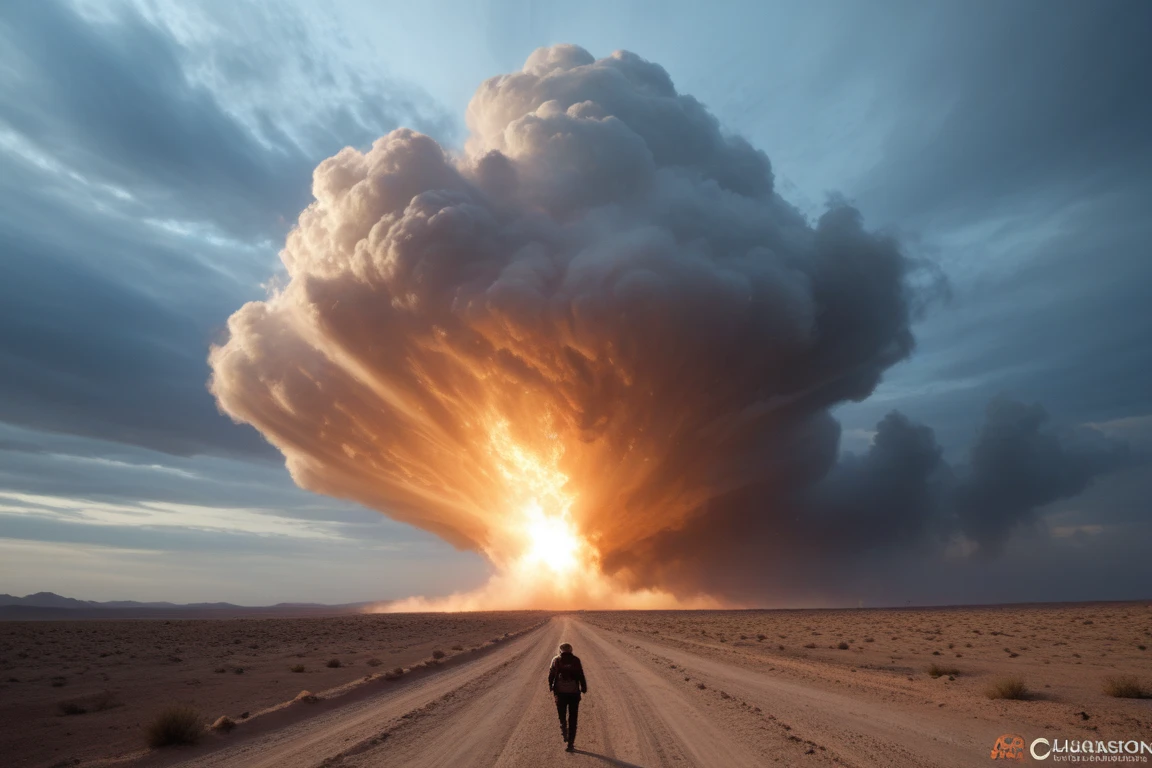 A photorealistic aerial view of a vibrant, multicolored Disdyakis-Triacontahedron suspended above a massive horizontal vortex in the desert. The structure glows with an otherworldly light, casting shimmering reflections across the swirling dust. From this high perspective, the vortex is a colossal spiral of dark, churning waves, drawing debris from shattered boulderss into its maw. Surrounding the scene, a massive storm blankets the area, with thick clouds and jagged lightning bolts illuminating the chaos below. The eerie chiaroscuro effect enhances the contrast between the glowing object, the storm, and the violent desert, creating a hyper-detailed, breathtakingly surreal view that feels both cosmic and apocalyptic.