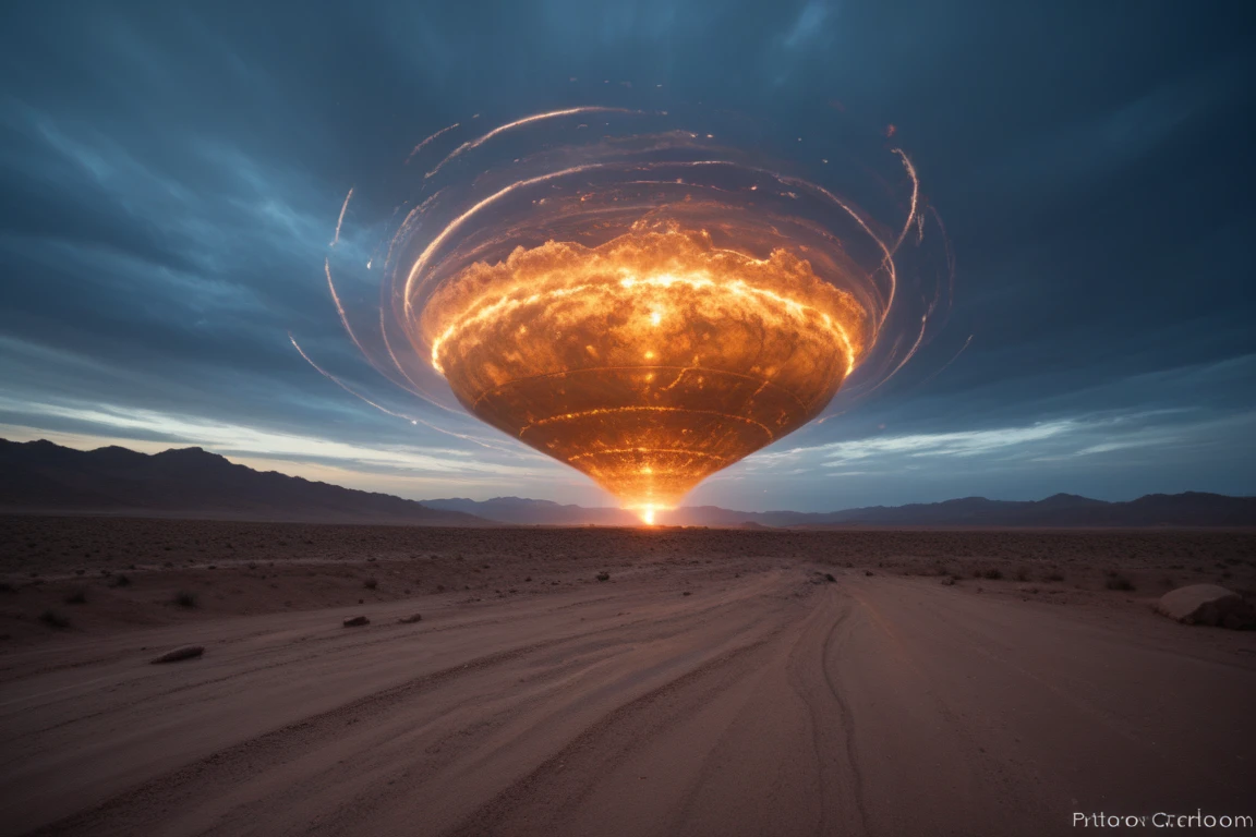 A photorealistic aerial view of a vibrant, multicolored Disdyakis-Triacontahedron suspended above a massive horizontal vortex in the desert. The structure glows with an otherworldly light, casting shimmering reflections across the swirling dust. From this high perspective, the vortex is a colossal spiral of dark, churning waves, drawing debris from shattered boulderss into its maw. Surrounding the scene, a massive storm blankets the area, with thick clouds and jagged lightning bolts illuminating the chaos below. The eerie chiaroscuro effect enhances the contrast between the glowing object, the storm, and the violent desert, creating a hyper-detailed, breathtakingly surreal view that feels both cosmic and apocalyptic.
