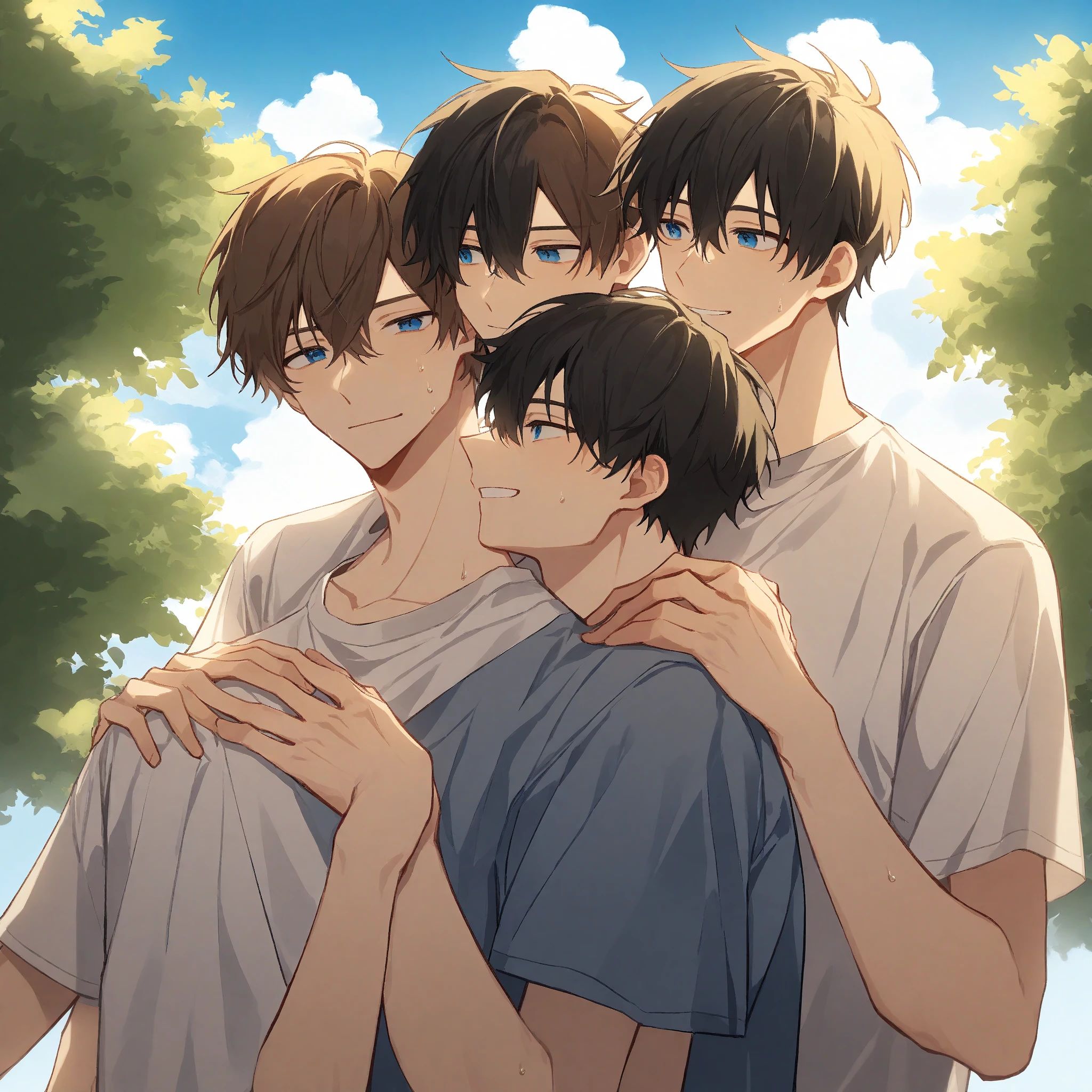 masterpiece, best quality, cute, 2 boy, on the lap, black hair 1 character, close eyes,. No clothes. Boy behind the first strong, dark boy. First boy on lap black hair and closed eyes. Second boy with his phallus between the legs on the other side which are open. White and red liquid between lap boy's thighs . Second strong muscular boy, big, tall, strong, big arms and dark. Front perspective. Naked. Second boy Behind the boy on the lap, with open yellow eyes and a twisted smile and a blushing face. First boy still with his eyes closed and a trail of tears.