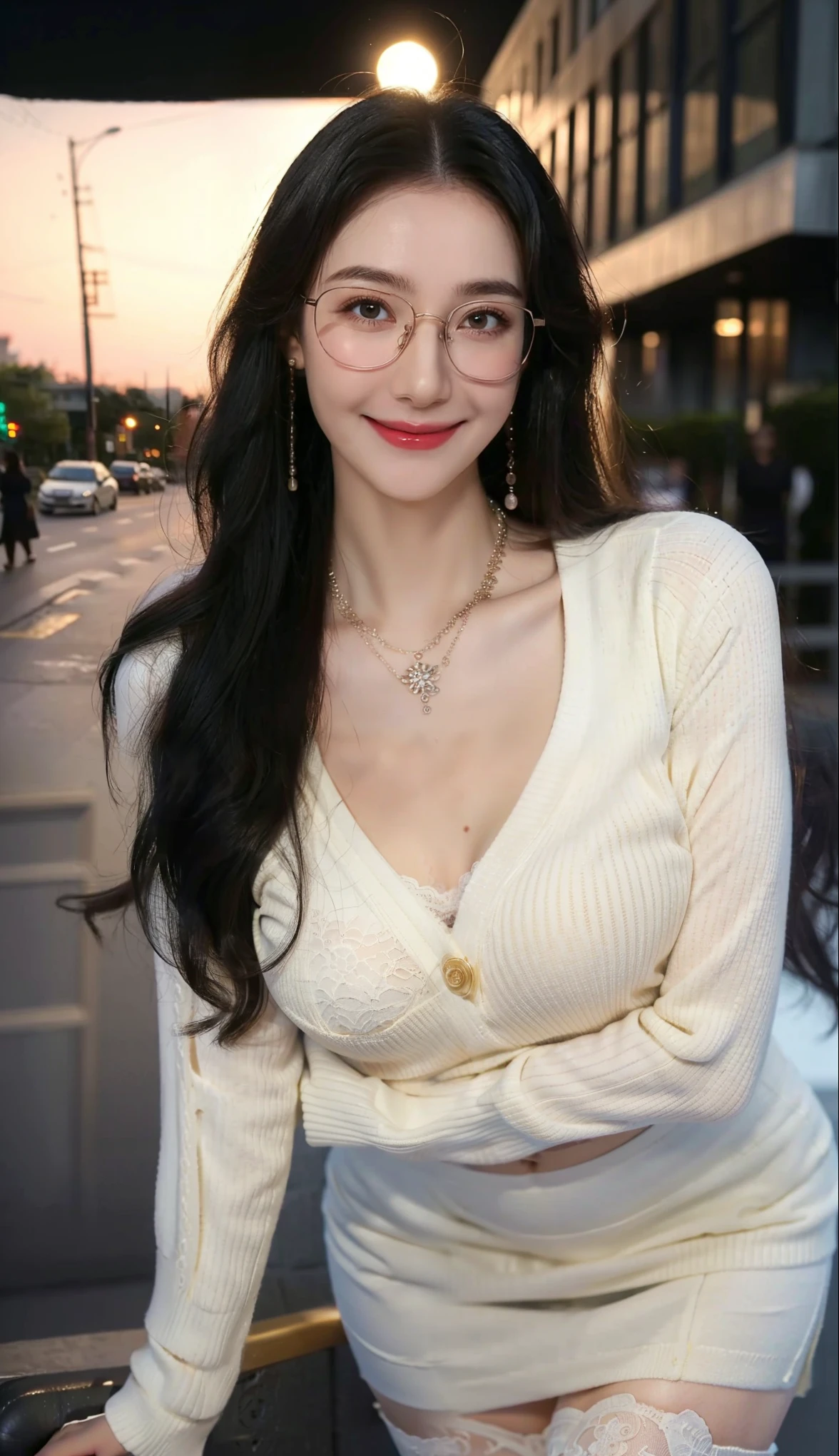 (Canon RF85mm f/1.2), (8k, RAW photos, best quality), (masterpiece), (Practical, photograph Practical), (Extremely detailed, High Detail, Best image quality, Super detailed, high resolution, Very detailed, extremely detailed的描述, Super Fine, Extremely exquisite and beautiful work), Beautiful and delicate girl, solo girl , ((Perfect body)), Very detailed eyes and face, White skin, Noble beauty, ((Delicate skin texture, pores)), Perfect anatomical structure, Delicate and beautiful body, Delicate face, Slim Abs, Slim waist), Big buttocks, (Large Breasts, Breast enlargement), (cleveage), (Affectionate gaze, soulful eyes, Glowing eyes), (beautiful and clear eyes), (Bounce Curly Messy Long Hair), (Smile:1.2), (Fascinated expression), (Attractive appearance), ((Cardigan,shirt)), ((tight skirt)), ((Lace stockings)), ((wear glasses)), earrings, necklace, ((night)), ((Street view, moonlight)), Physically Based Rendering, Realistic lighting, (((Upper Body))), ((looking at the audience)), ((permanent)), ((Happy and shy))