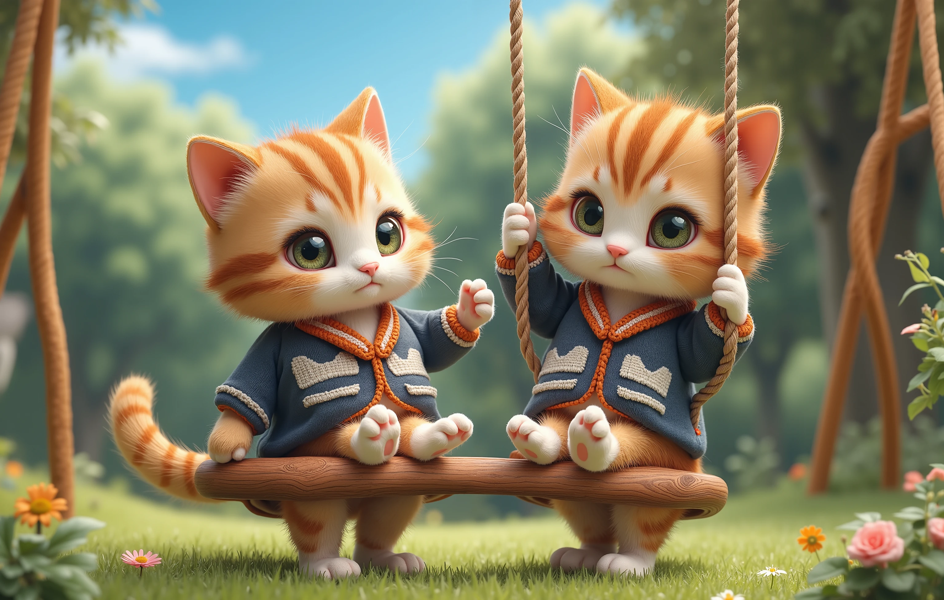 a baby cat drawn in size 25, 2 adorable baby cats , wearing a Japanese high school uniform ,Kitten on the swing , blue sky,Detailed and realistic coat ,,The background is a park,Realistic cat standing on 2 legs, eyes are like beautiful marbles , is paddling with its legs raised on the swing