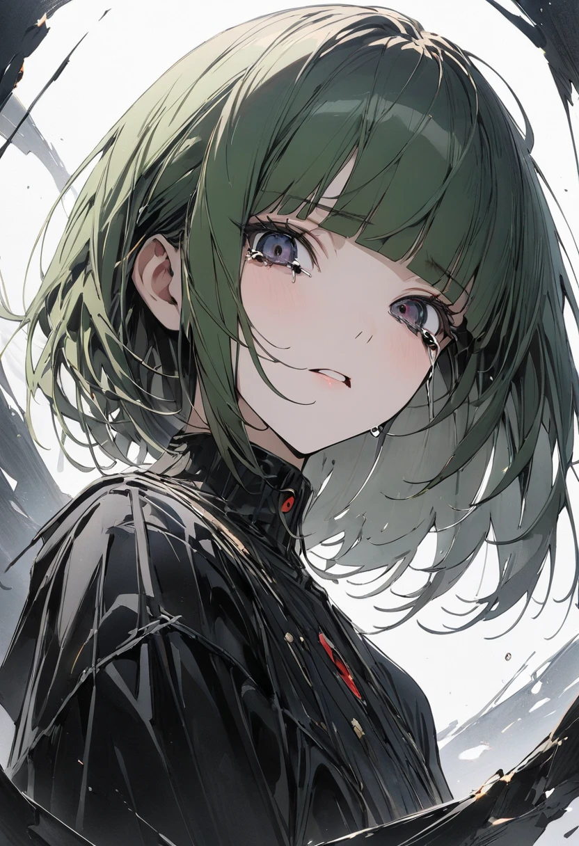 (close up shot),(one person,girl,slim,odd eyes,black tears,green bobcut,straight bangs),(black tears:1.2),(black wear),(black precure),(eye lines,eye make),(BREAK,conceptual art, masterpiece, Super Detail, Attention to detail, high quality, 最high quality, High resolution