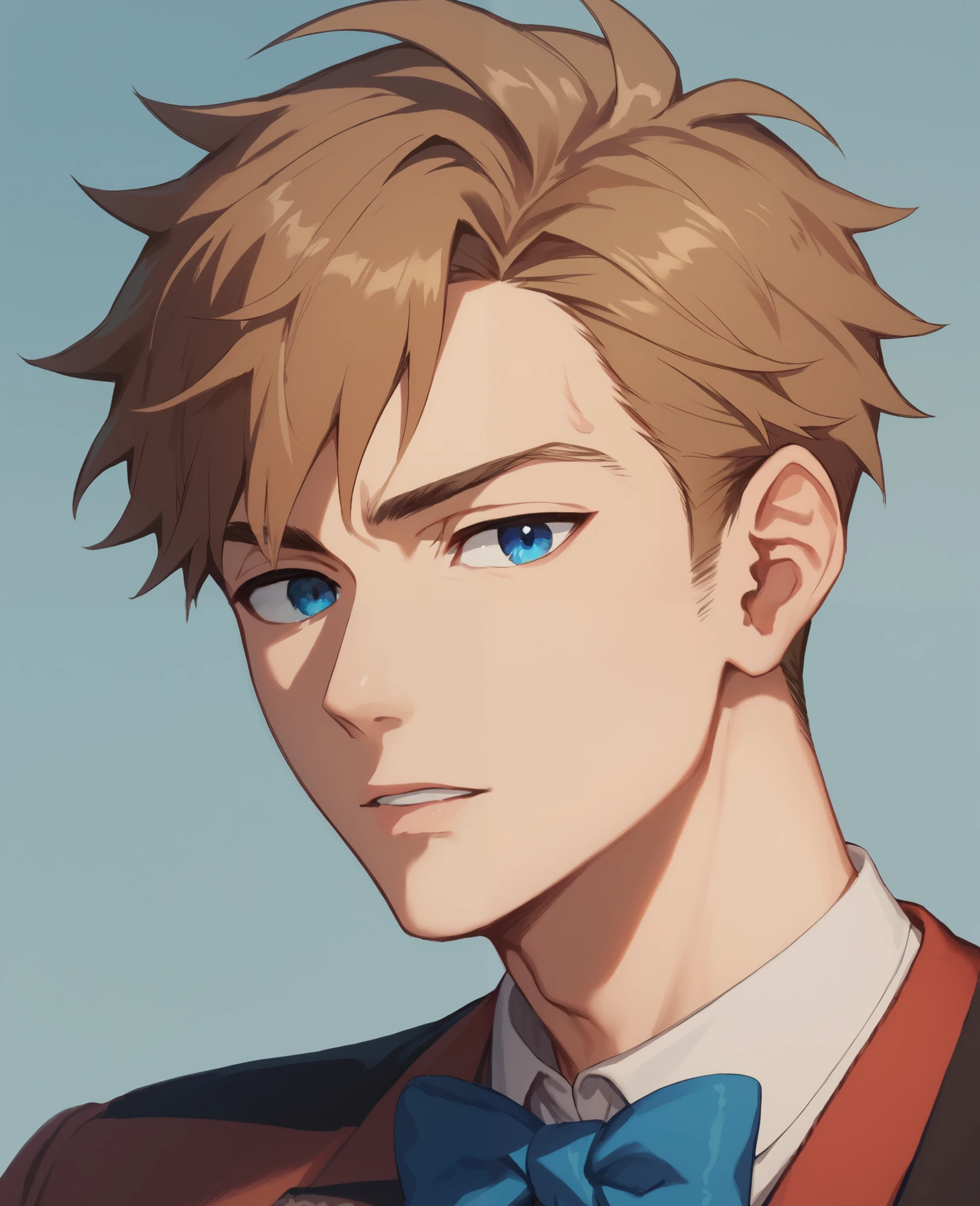 Brown-haired, blue-eyed young man anime style