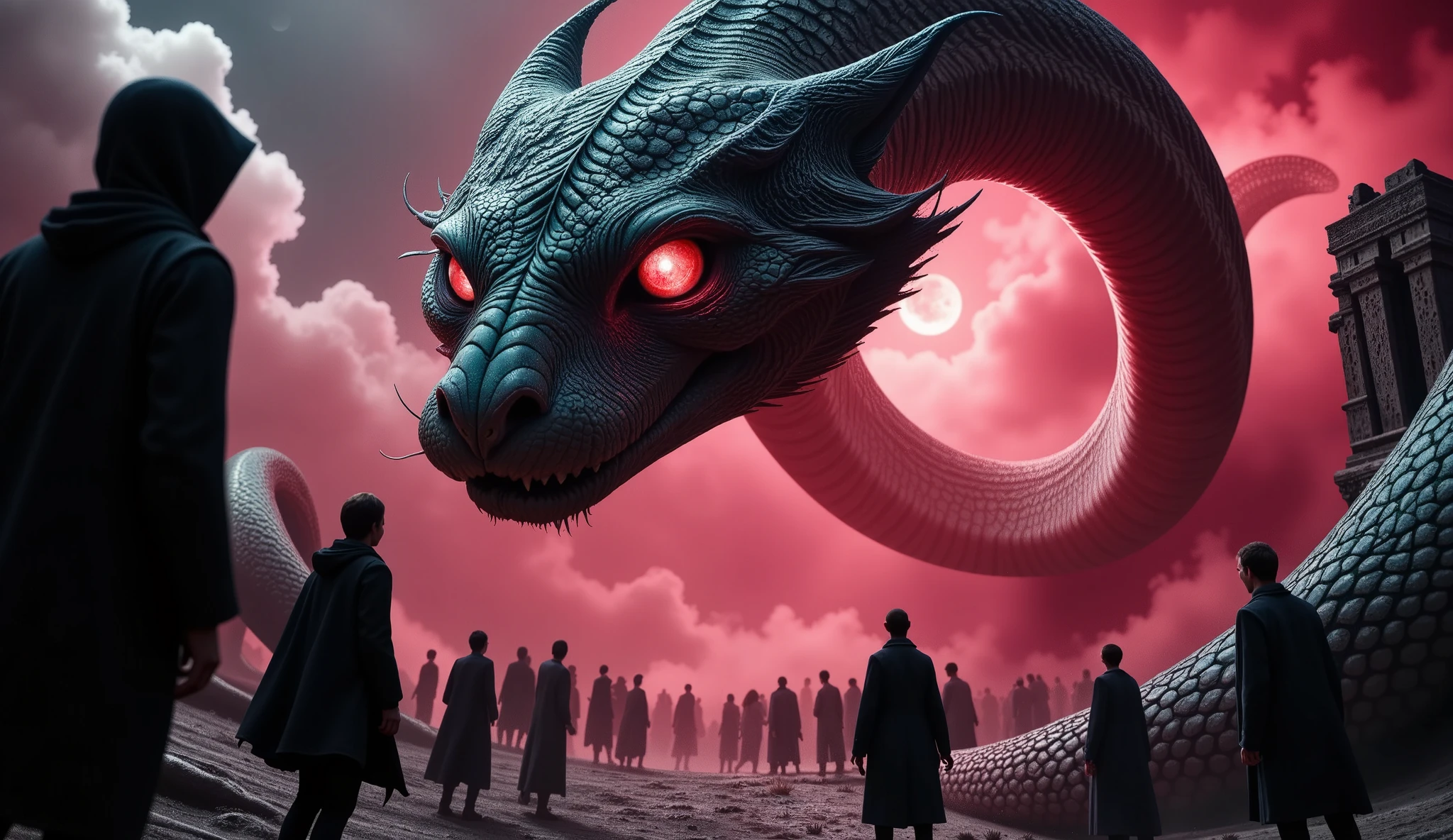 "Under the crimson glow of the moon, the colossal serpent stood towering over the trembling ground of the Great Serpent Mound. Its black-and-green iridescent scales shimmered faintly in the moonlight, and its glowing red eyes stared intently at the group of petrified onlookers. The serpent's expression was neither wrathful nor compassionate, but inscrutable and ancient, evoking both awe and dread. Around them, the air seemed to hum with an eerie, otherworldly murmur, like a reversed chant that resonated with an unsettling rhythm. The atmosphere felt heavy, as though reality itself was bending under the weight of the serpent's presence."