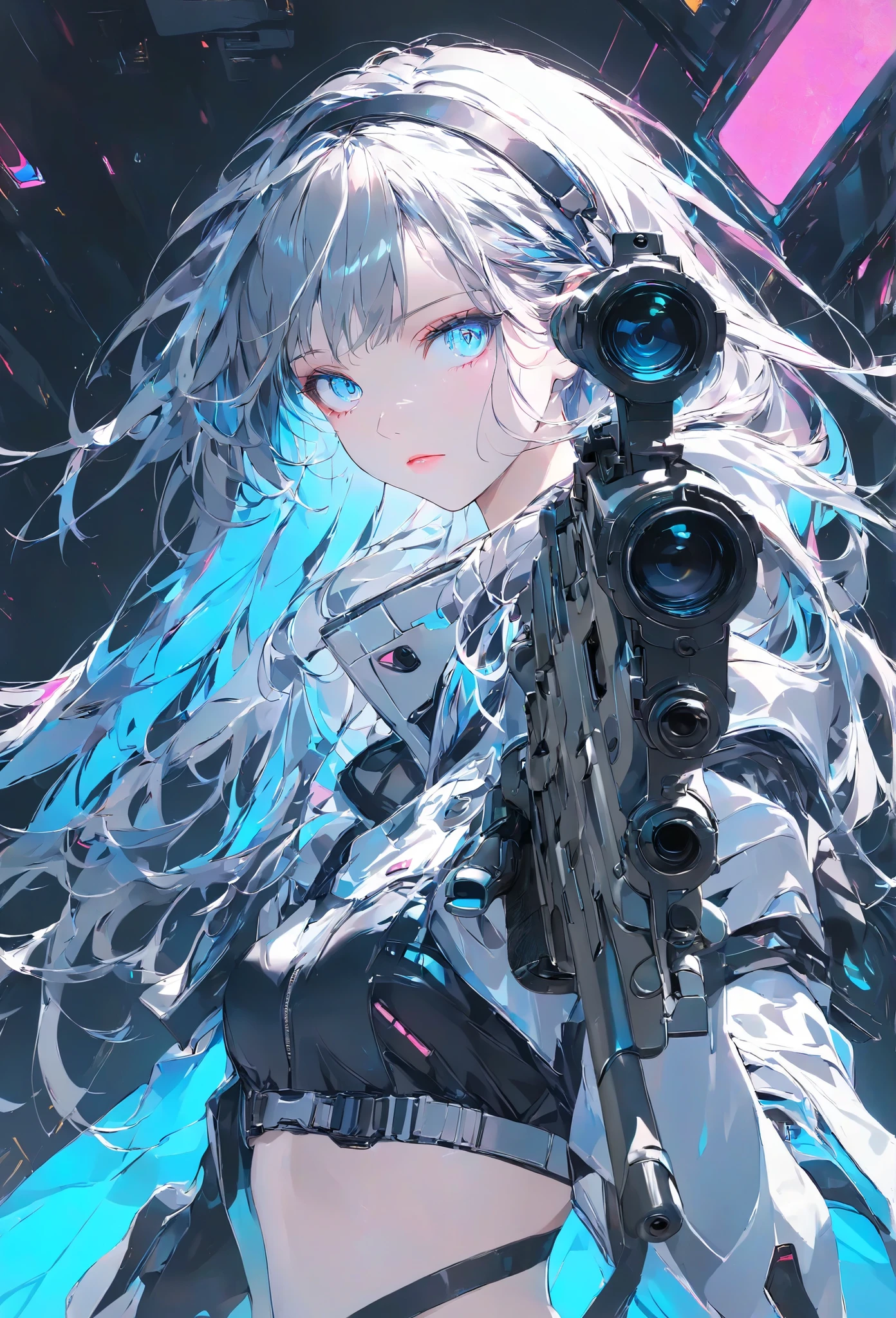 Masterpiece, High Quality, High Definition , High Resolution, High Sensitivity, Depth, 16k, Makoto Shinkai Illustration, Ultra Fine, Hyper-reality, Digital Painting, Neon Color, Cyberpunk, Science Fiction, One Girl, Small Breasts, Beautiful Face, Nice Legs, Long Eyelashes, Fair Skin, Blue Eyes slit eyes, glowing blue eyes, short gray hair, mechanic suit, body armor, mechanical hair piece, head mounted display, antique firearm, lever action, gun held in front of her, anatomically accurate handle, muzzle pointing toward her (muzzle: 1.1) Cinematic Angle.