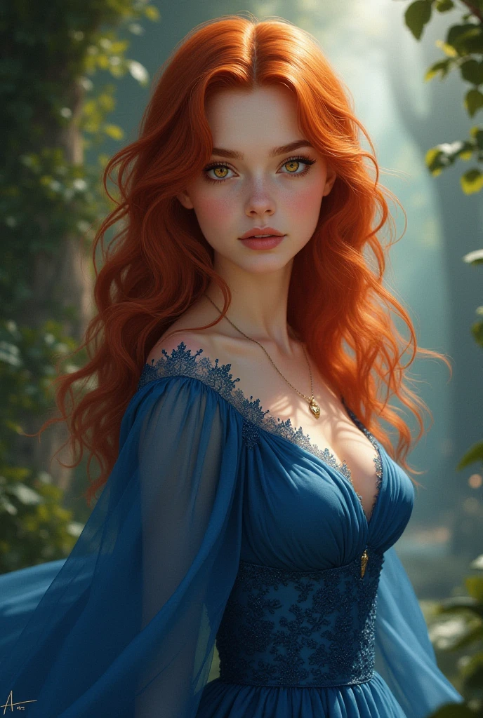 **Digital art portrait featuring a beautiful young woman with vibrant red hair that flows dynamically around her. The style is a mix of realism and fantasy, with a soft, ethereal glow surrounding the woman. Her skin is clear and her facial features are delicate, with large, expressive eyes and full, slightly parted lips. She is wrapped in a loose, off-the-shoulder garment that appears to be made of a soft, textured fabric. The background is an abstract mix of bright, swirling colors, including blues, greens, and pinks, adding to the dreamlike quality of the image. The overall composition is balanced, with the subject slightly off-center, creating a sense of movement and depth**