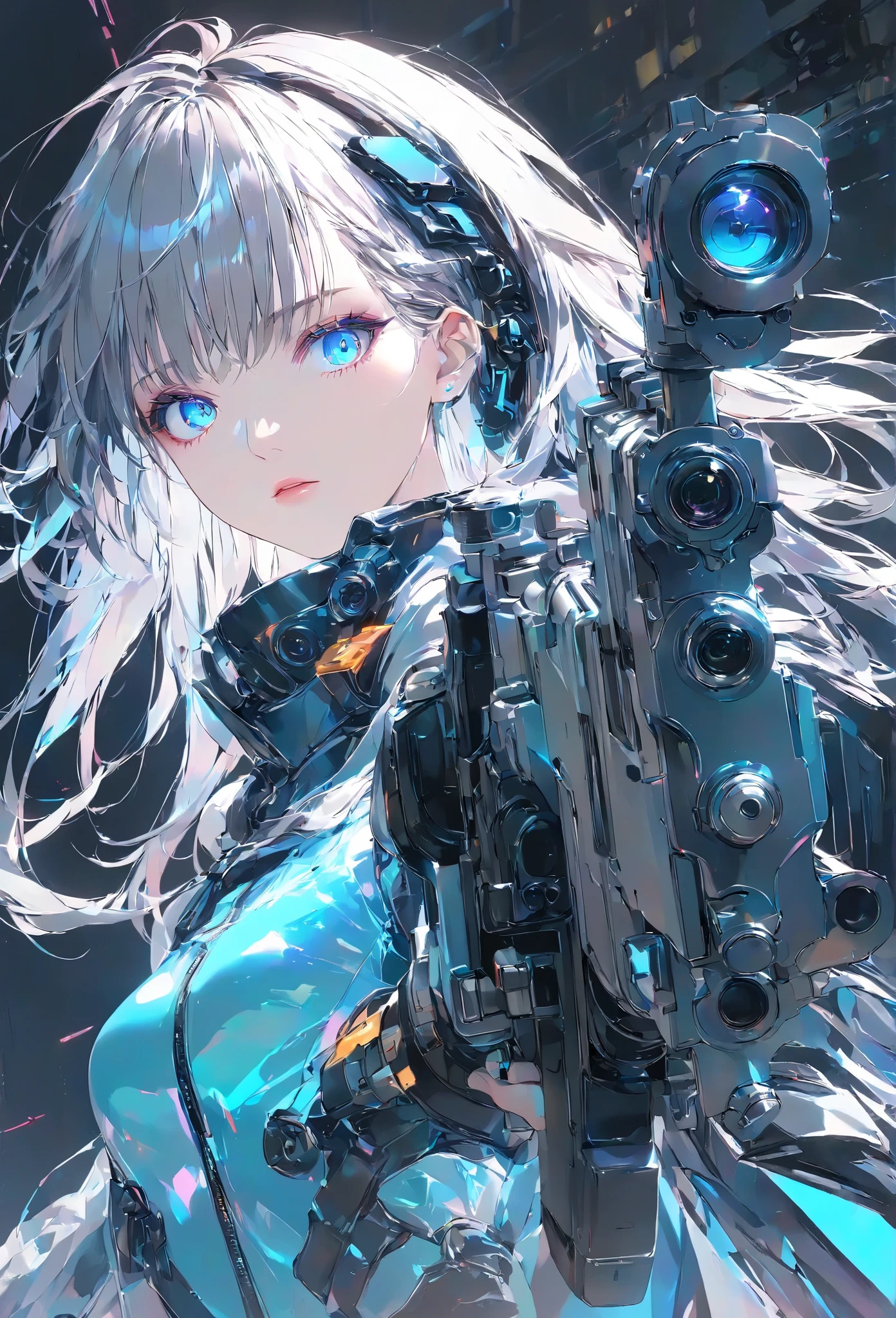Masterpiece, High Quality, High Definition , High Resolution, High Sensitivity, Depth, 16k, Makoto Shinkai Illustration, Ultra Fine, Hyper-reality, Digital Painting, Neon Color, Cyberpunk, Science Fiction, One Girl, Small Breasts, Beautiful Face, Nice Legs, Long Eyelashes, Fair Skin, Blue Eyes slit eyes, glowing blue eyes, short gray hair, mechanic suit, body armor, mechanical hair piece, head mounted display, antique firearm, lever action, gun held in front of her, anatomically accurate handle, muzzle pointing toward her (muzzle: 1.1) Cinematic Angle.