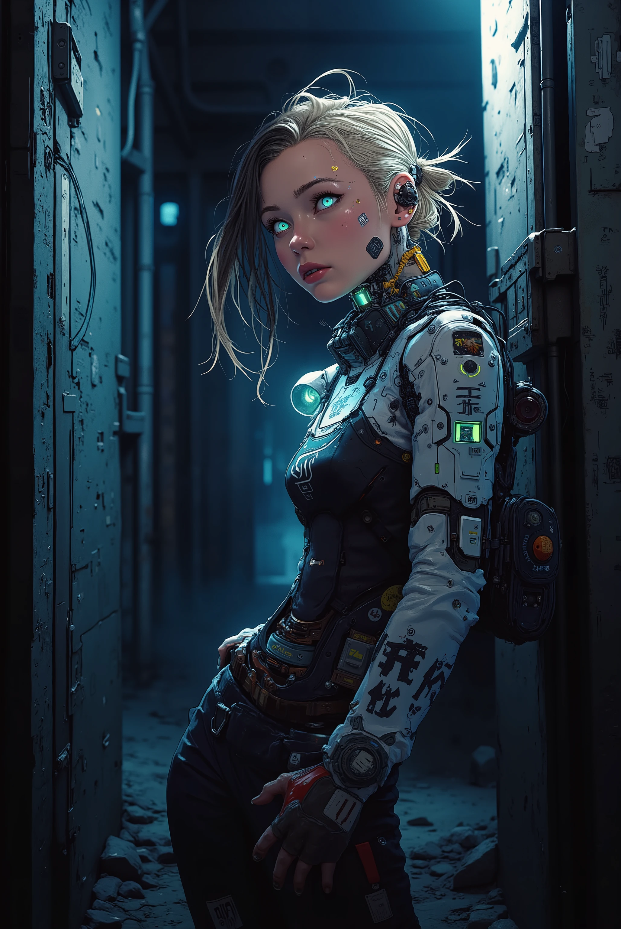 woman in a futuristic world, woman leaning against a wall, punk style hair, tied hair, white eyes, cybernetic body enhancement, futuristic outfit, very detailed, very realistic, beautiful woman, cyberpunk style, background in a dark alley, best quality , better light, better color, dynamic posture, dynamic point of view, overview point of view.