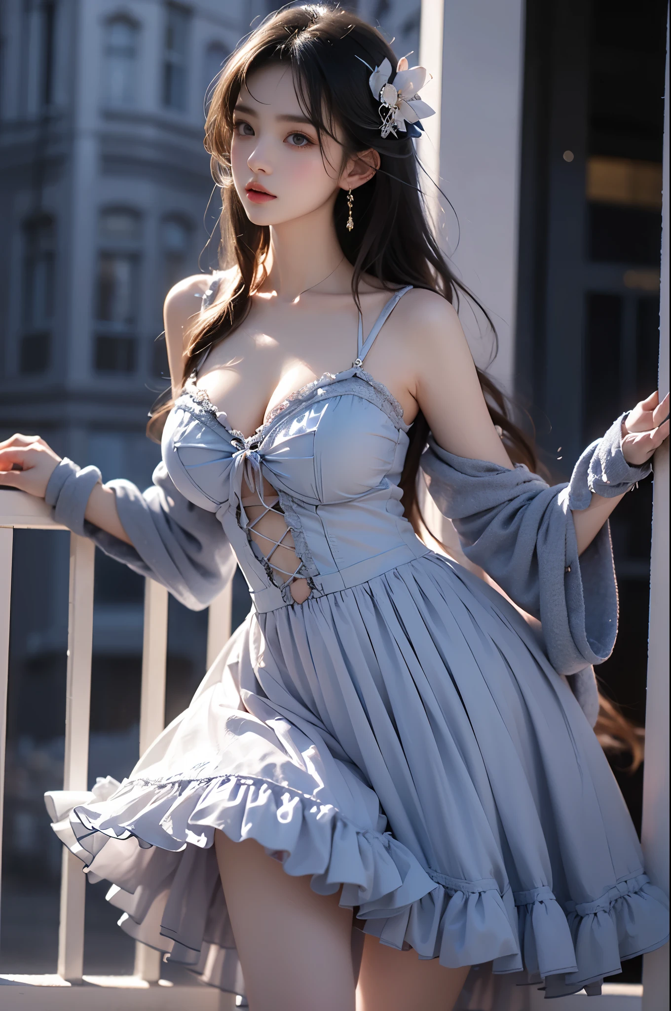 ,,(from below:1.3), (cowboy shot:1.3) hyperrealistic photography of a beautiful asian fashion model, perfect body proportions, long slender legs, (Full chest, obvious cleavage, very short hemline, fingers elegantly fluttering hemline), (standing pose:1.2), leaning against staircase railing, one leg straight, other leg slightly bent at knee, elegant leg posture, high heels closer to camera, professionally lit fashion photoshoot, low angle shot, blue sky with white clouds, 8k uhd, masterful composition, photorealistic, detailed face features, glossy long hair, soft natural makeup, detailed skin texture, professional lighting, sharp focus, high end fashion magazine style, ultra detaile