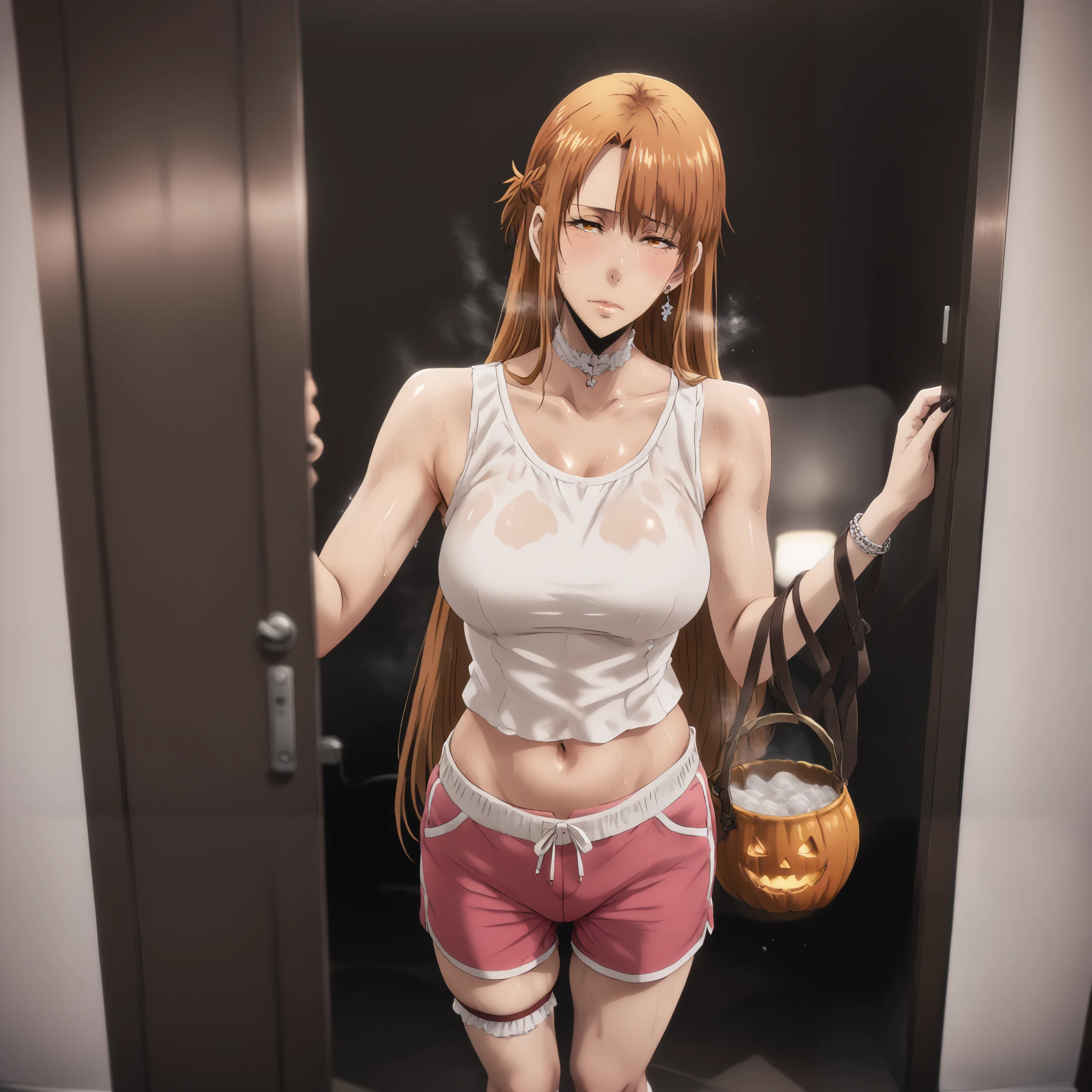 hero neisan style, score_9, score_8_up, score_7_up, score_6_up, uncensored, Yuuki Asuna \(sword art online\), absurdly long hair, orange eyes, orange hair, very long hair, anime coloring, anime screencap, shiny skin, (voluptuous:1.3), (thick:1.3), BREAK UHD, retina, masterpiece, accurate, anatomically correct, textured skin, super detail, high details, high quality, award winning, best quality, highres, 4K, black nails, makeup, eyelashes, excessive sweating, sweating, sweating drop, (gasping, heavy breathing:1.3), (skindentation:1.2), perfect eyes, beautiful eyes, eyelashes, makeup, detailed body, perfect body, BREAK, 1girl, solo, breasts, halloween, navel, sweatdrop, looking_at_viewer, jewelry, earrings, halloween_costume, large_breasts, closed_mouth, collarbone, halloween_bucket, doorway, standing, heavy breathing, gasping, sweating, excessive sweating, sweating drop, plump, seductive sweating, half-closed eyes, BREAK COSTUME, white shirt, sleeveless, dolphin shorts, short shorts, pink shorts, midriff peek, choker, thigh belt