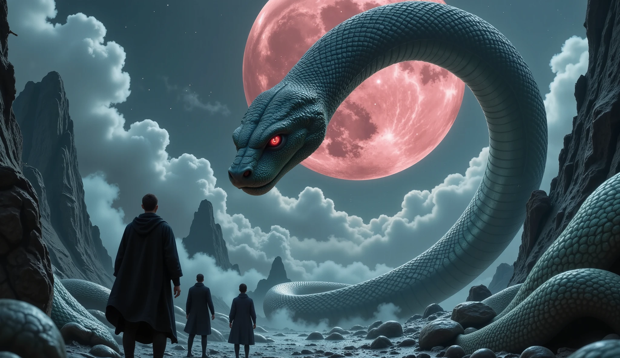 “Under the crimson moonlight, a large and terrifying serpent stood tall above the trembling earth of the Great Snake Hill. Its gleaming black and green scales glistened in the moonlight, and its glowing red eyes stared intently at the group of people standing by in terror. The snake’s expression was neither angry nor pitiful, but mysterious and ancient, evoking a sense of awe and terror. Around them, the air seemed to murmur eerily, like an inverted chant that reverberated with an unnerving rhythm. The atmosphere felt heavy, as if reality was being distorted under the snake’s pressure.”