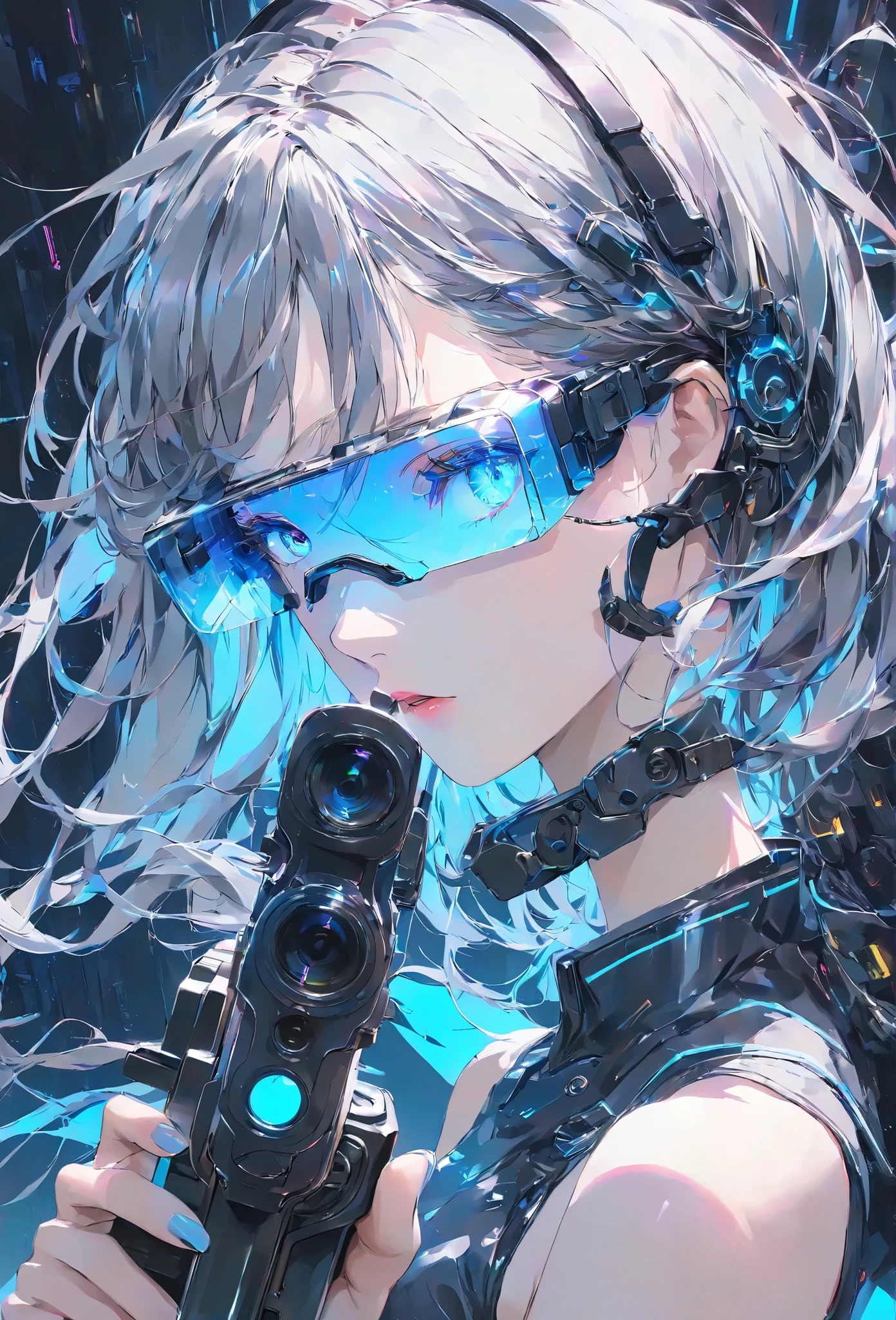 Masterpiece, High Quality, High Definition , High Resolution, High Sensitivity, Depth, 16k, Makoto Shinkai Illustration, Ultra Fine, Hyper-reality, Digital Painting, Neon Color, Cyberpunk, Science Fiction, One Girl, Small Breasts, Beautiful Face, Nice Legs, Long Eyelashes, Fair Skin, Blue Eyes slit eyes, glowing blue eyes, short gray hair, mechanic suit, body armor, mechanical hair piece, head mounted display, antique firearm, lever action, gun held in front of her, anatomically accurate handle, muzzle pointing toward her (muzzle: 1.1) Cinematic Angle.