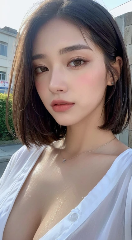 ((Best quality, 8k, Masterpiece: 1.3)), Sharp focus: 1.2, A beautiful woman with perfect body: 1.4, Slim abdomen: 1.2, ((Layered haircut, Large breasts: 1.2)), (no bra) (Small and beautiful hard nipple) (Thin and damp button up to shirt length: 1.1), (shirt wet by rain), (Rain, Street: 1.2), Wet body: 1.1, Highly detailed face and skin texture, Detailed eyes, Double eyelid, tanned skin, sexy, sit on bench