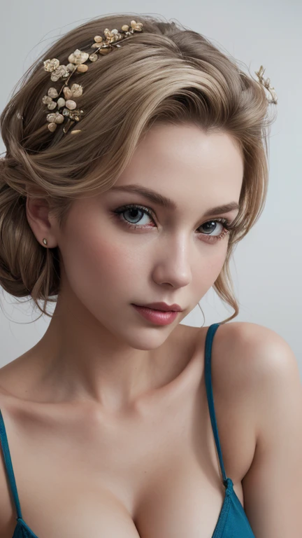 professional photo, medium shot, looking at the viewer, masterpiece portrait of a nordic beautiful ancient princess 18 years old, fierce look, textured pale skin, topknot hair, precious hair decorations , intricate details, thin waist, tight off shoulders top, cleavage , powerful pose, perfect eyes, detailed irises and pupils, realistic, gorgeous,