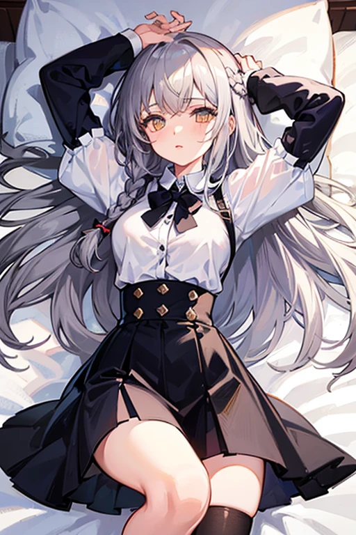 Best Quality, ultra-detailliert, Illustration, silber hair, Aimei, embarrassed from,breastsout,perspiring,Rough breath,Maids,Suspender Skirt,laying on back,a bed