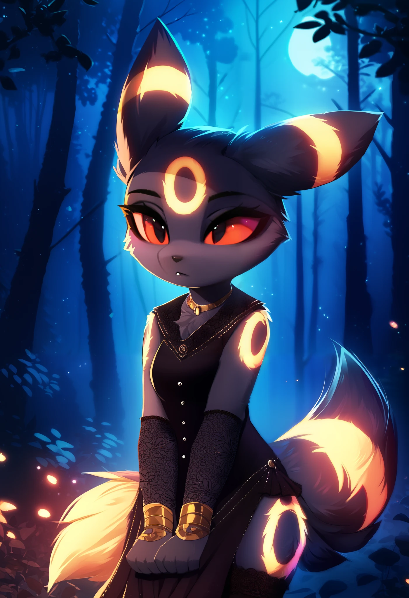 score_9, score_8_up, score_7_up, source_furry, rating_safe, by magnaluna,, 1girl,anthro, umbreon, black body fur, gold markings, pokemon, red eyes, fluffy fur, at night, moonlight, forest, detailed background, best quality, clothing, 1 tail