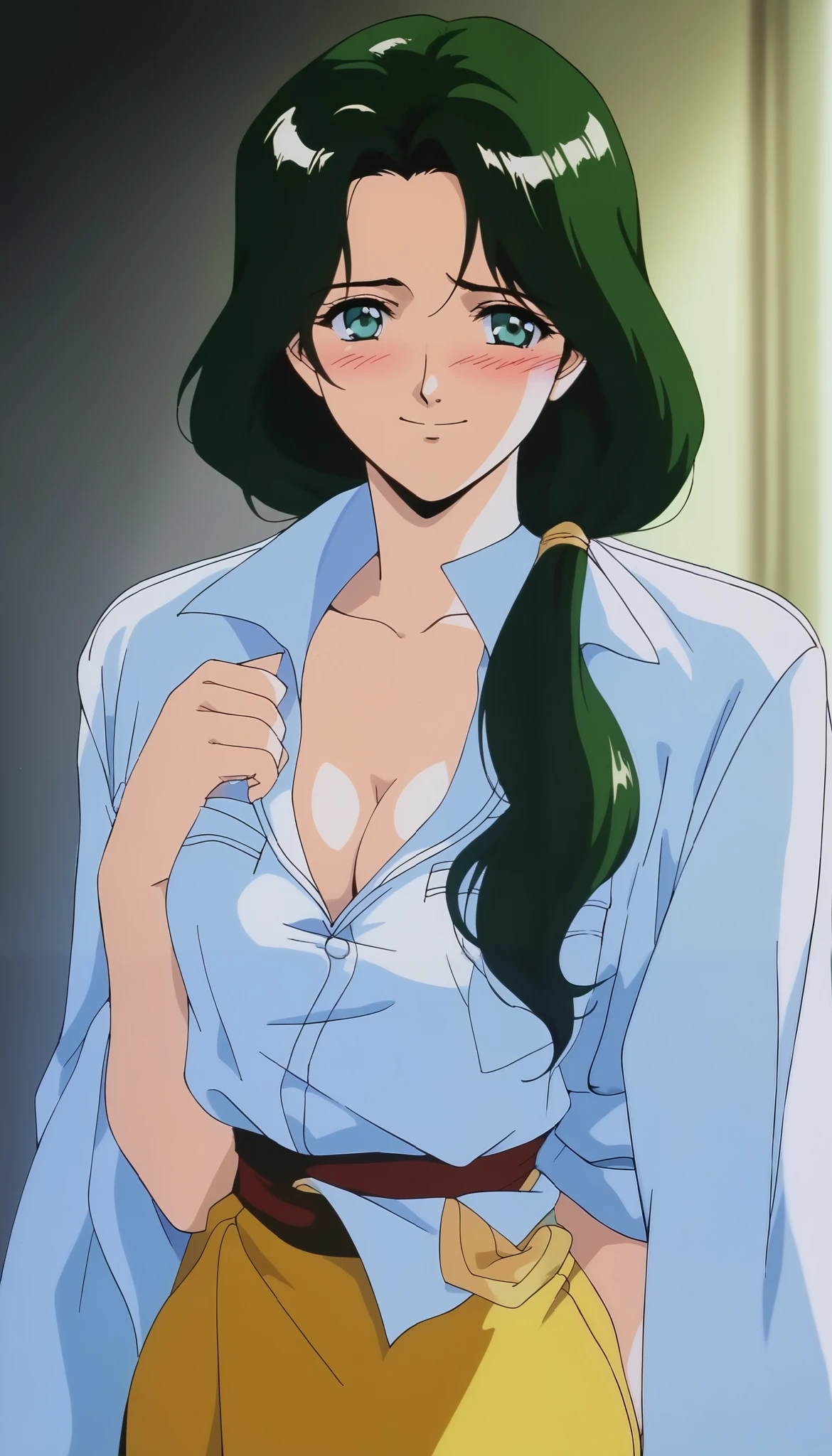 sakurai_sensei, (cowboy shot), dark green hair, long hair, green eyes, low ponytail, anime coloring, Alone, blue eyes, shoulder-mounted hair , pretty face, small breasts, cleavage, (blight smile:1.1), (blush:1.2), (shy:1.2), (Female doctor), ( sexy pose:1.2), (Private room), score_9, score_8_superior, score_7_superior, source_anime, (best quality:1.2), masterpiece, high quality , full color, 8k, high resolution, Front Light