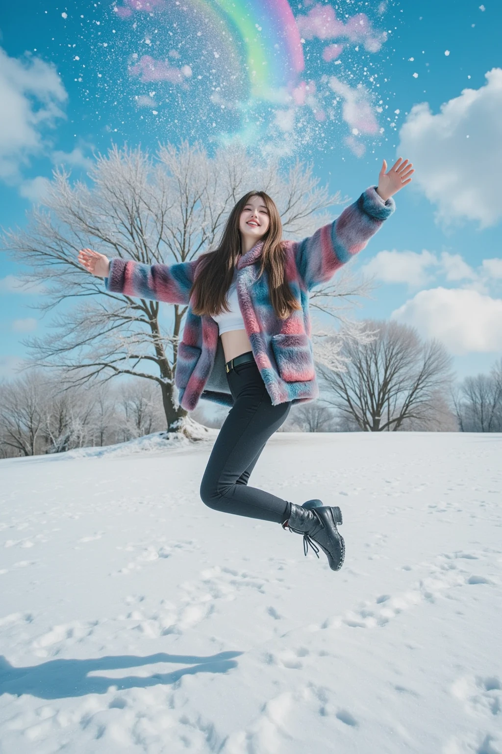 Girl skating on frozen lake, rainbow in background, sunny weather, falling snow