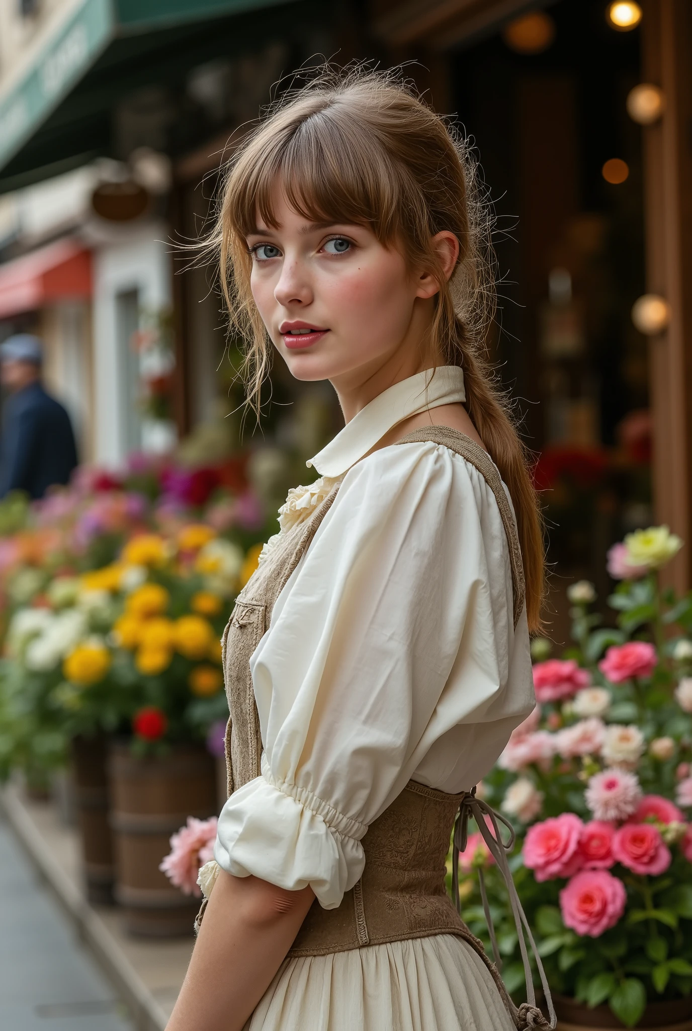 Create a realistic photograph of a beautiful 18-year-old French girl from the late 19th century, captured from head to thigh. She has medium-length hair tied back with dark blonde bangs framing her blue eyes. She is dressed in a typical young woman's outfit from the late 19th century in France. The background features a vibrant flower shop on a street corner in late 19th century Paris, filled with a variety of colorful flowers.