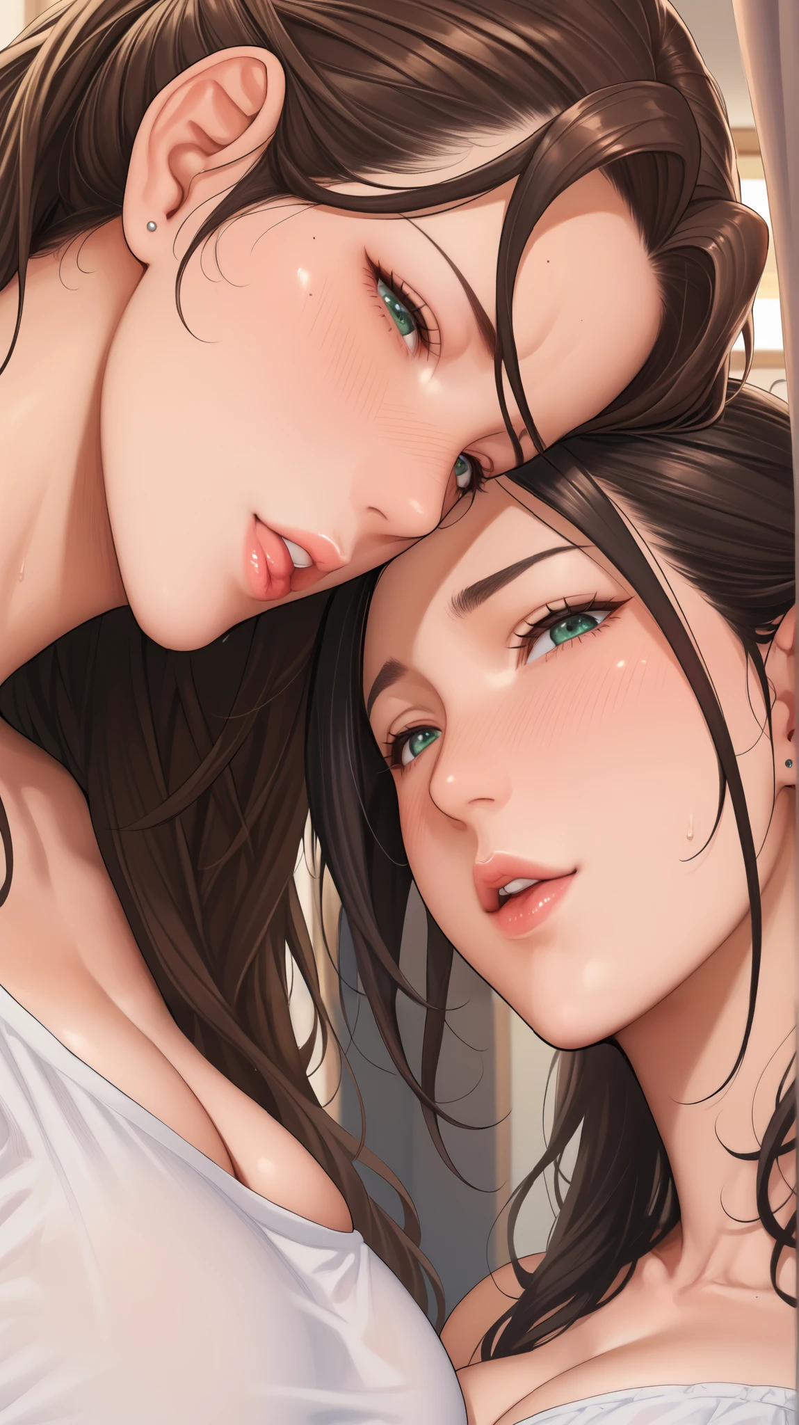  score_9,  score_8_ up,  score_7_ up,  score_6_ up,  score_5_ up,  score_4_ up,  source_Anime, tag1,  tag2, quality_Masterpiece,   anatomically correct  ,  beautiful faces,  PERFECT FACE IN DETAILS, 非常に詳細で beautiful facesと目,  charming face,  detailed color,  Delicate Facial Features,  detailed skin, huge breasts,  Sensual Woman , Mature Woman女性, Mature Woman, maternal,  fascinating,  long hair,  dark brown hair ,  high ponytail,  o,  upside down hair ,  green eyes, Black women, Mark line break close _ up,  upper body,  Fully Clothed , clavicle,   off-shoulder shirt 