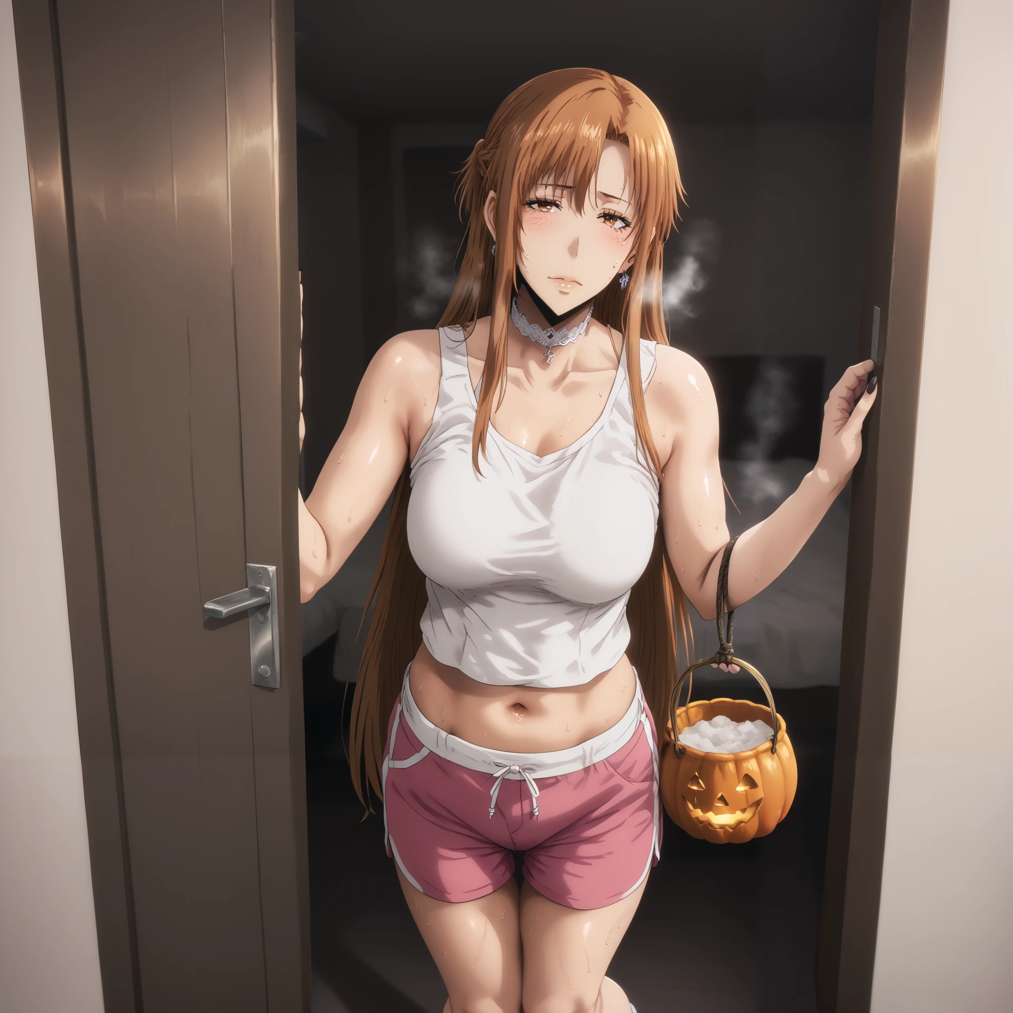 hero neisan style, score_9, score_8_up, score_7_up, score_6_up, uncensored, Yuuki Asuna \(sword art online\), absurdly long hair, orange eyes, orange hair, very long hair, anime coloring, anime screencap, shiny skin, (voluptuous:1.3), (thick:1.3), BREAK UHD, retina, masterpiece, accurate, anatomically correct, textured skin, super detail, high details, high quality, award winning, best quality, highres, 4K, black nails, makeup, eyelashes, excessive sweating, sweating, sweating drop, (gasping, heavy breathing:1.3), (skindentation:1.2), perfect eyes, beautiful eyes, eyelashes, makeup, detailed body, perfect body, BREAK, 1girl, solo, breasts, halloween, navel, sweatdrop, looking_at_viewer, jewelry, earrings, halloween_costume, large_breasts, closed_mouth, collarbone, halloween_bucket, doorway, standing, heavy breathing, gasping, sweating, excessive sweating, sweating drop, plump, seductive sweating, half-closed eyes, BREAK COSTUME, white shirt, sleeveless, dolphin shorts, short shorts, pink shorts, midriff peek, choker, thigh belt, at bedroom