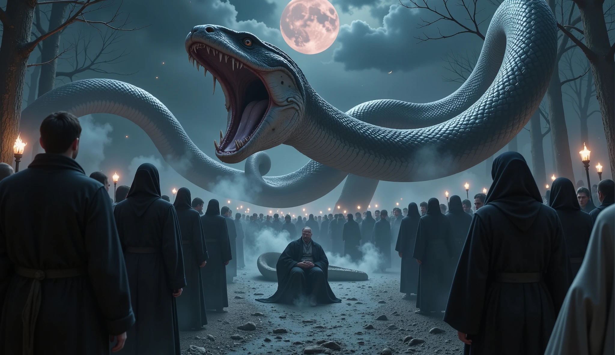 “Under the crimson moonlight, the ritual leader collapsed to the ground, screaming in agony, before being instantly swallowed whole by the giant serpent.” The events happened too fast for anyone to react to. His screams vanished into thin air as if they had never existed. The remaining participants, terrified beyond belief, scattered in desperate search for a way to save themselves. They abandoned the once-bright torches, now extinguished one by one, leaving the area in darkness. Only the faint breath of the serpent remained, a terrifying reminder of its mysterious and terrifying power.”