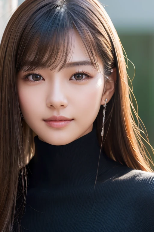 masterpiece, best quality, ultra-detailed, intricately detailed hyperdetailed, realistic, sharp features, highly detailed, sharp focus, Japanese idol, perfect face, perfect symmetrically perfect eyes, perfect full lips, flexible female form, cinematic, film light, hyper detailed, hyper realistic, high resolution, vibrant, dynamic studio lighting, Dark background, (medium hair, straight Bangs), brown Eyes, Black sweater, Portraiture,  (Mischievous smile), 