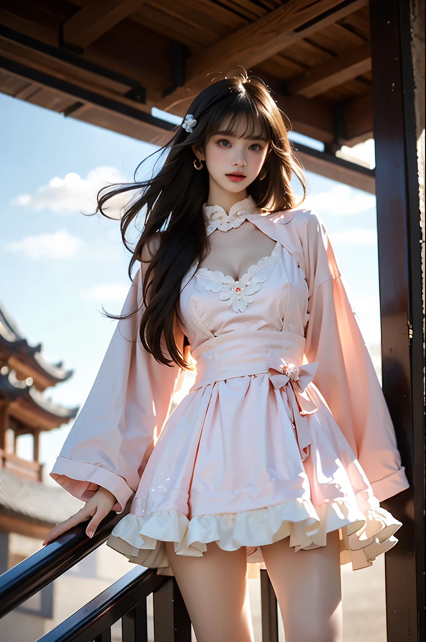 cns attire, cyb dress, chinese clothes, long sleeves, wide sleeves
,,(from below:1.3), (cowboy shot:1.3) hyperrealistic photography of a beautiful asian fashion model, perfect body proportions, long slender legs, (Full chest, obvious cleavage, very short hemline, fingers elegantly fluttering hemline), (standing pose:1.2), leaning against staircase railing, one leg straight, other leg slightly bent at knee, elegant leg posture, high heels closer to camera, professionally lit fashion photoshoot, low angle shot, blue sky with white clouds, 8k uhd, masterful composition, photorealistic, detailed face features, glossy long hair, soft natural makeup, detailed skin texture, professional lighting, sharp focus, high end fashion magazine style, ultra detaile