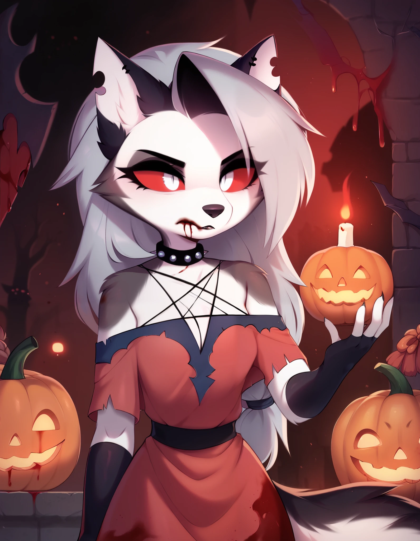 score_9, score_8_up, score_7_up, safe content, magnaluna, by vivzmind, mammal, canid, canid demon, demon, canine, monster, anthro, female, fur, solo, hair, white body, white fur, helluva boss, holidays, hellhound, loona, red sclera, dress, white eyes, braided hair, halloween, blood, official art, blood from eye