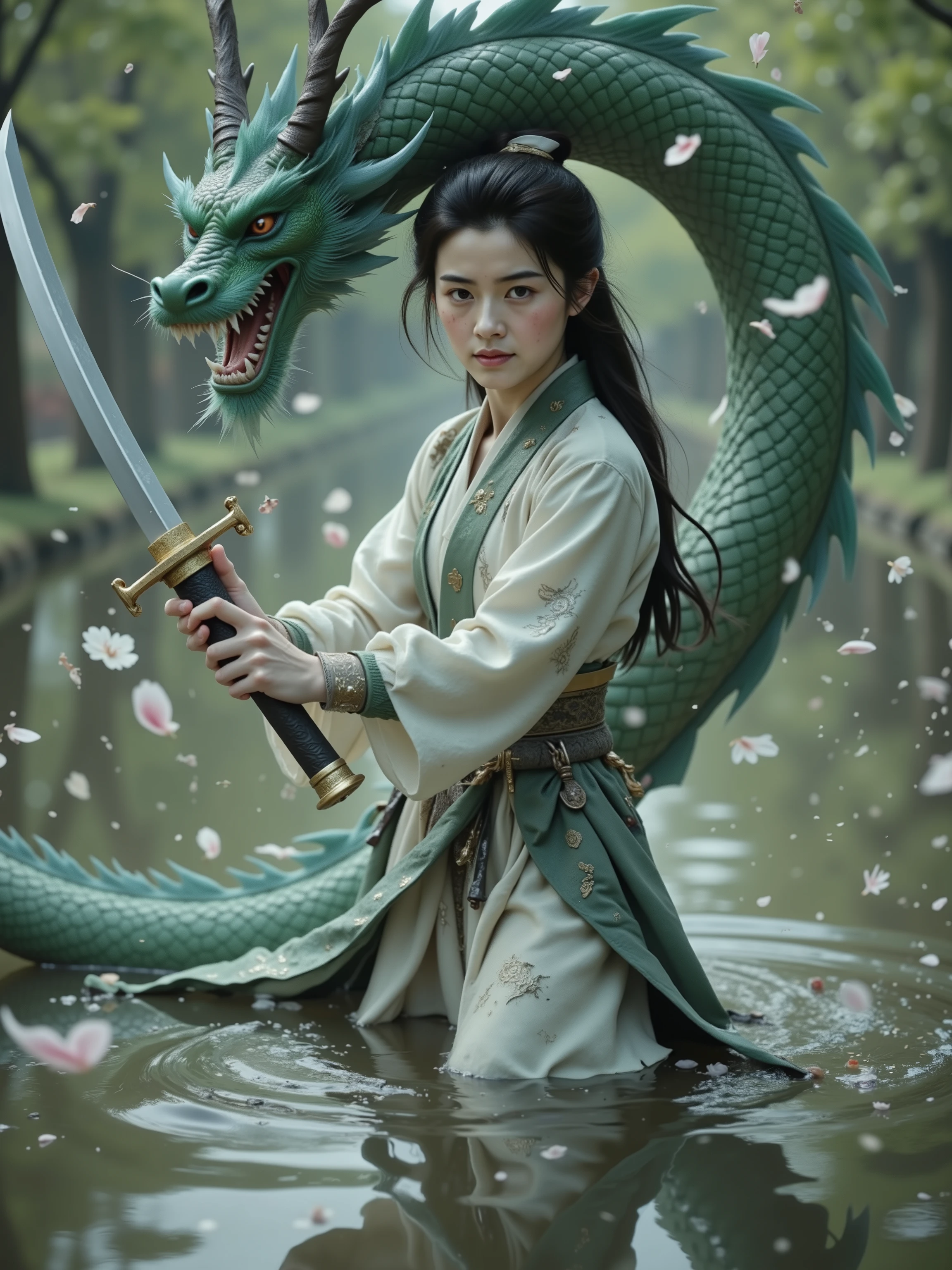 A serene Japanese girl, aged between 18-25, stands knee-deep in a tranquil pond, her slender figure reflected in the still water. Her determined face, adorned with subtle freckles and a slight sheen of perspiration, is framed by loose, raven-black hair. A majestic water dragon, its scales shimmering in hues of turquoise and emerald, coils around her waist, rising up to her head like a mythical mantle. The faint, ethereal glow of her ancient sword, its blade etched with mystical symbols, illuminates her focused expression, while numerous scars on her arms and torso testify to her tenacity and dedication to the art of sword play. The atmosphere is tense with anticipation, as if the very air is charged with the promise of a legendary duel. The cinematic scene is rendered in a warm, filmic color palette, with a shallow depth of field, bokeh effects, and a subtle vignette, evoking the nostalgic feel of Kodak Porta 400 and Cinestill 800 film stock, captured through the lens of a Leica M10.