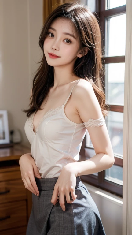 , slender girl, (make up:1.1), (white short camisole:1.2), small breasts, at school room, (upper body shot:1.1), cowboy shot