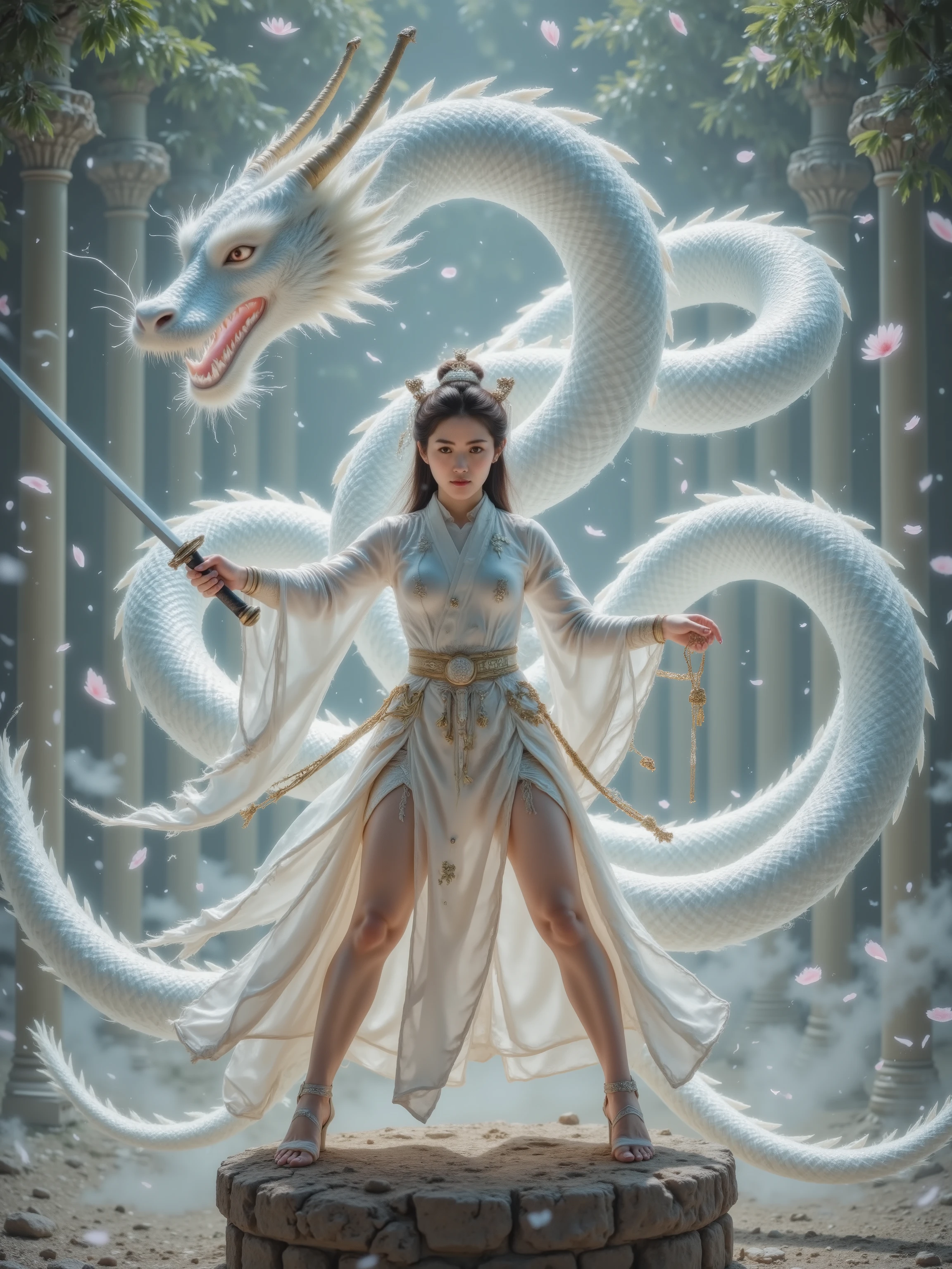 Ancient Japanese queen, adorned with intricately designed golden armor and a majestic headdress, rides a majestic flying pure white jade dragon, its scales glinting like polished gemstones, as it soars towards a distant battleground, its powerful wings beating fiercely, casting a dynamic shadow on the misty atmosphere. The queen, with determined eyes, points her ornate katana forward, her resolute expression illuminated by the warm, fiery hues of the cinematic color grading, reminiscent of a nostalgic film stock. The dragon's deafening roar echoes through the scene, as the queen's long, raven-black hair flows in the wind, contrasted against the dragon's gleaming white coat. The shallow depth of field blurs the background, while the vignette and bokeh effects create a dreamy, ethereal atmosphere, evoking the feeling of a cinematic still, captured on Kodak Porta 400 or Cinestill 800 film, with the Leica M10 camera, and infused with a filmic, nostalgic quality, complete with a warm color palette and subtle grain.