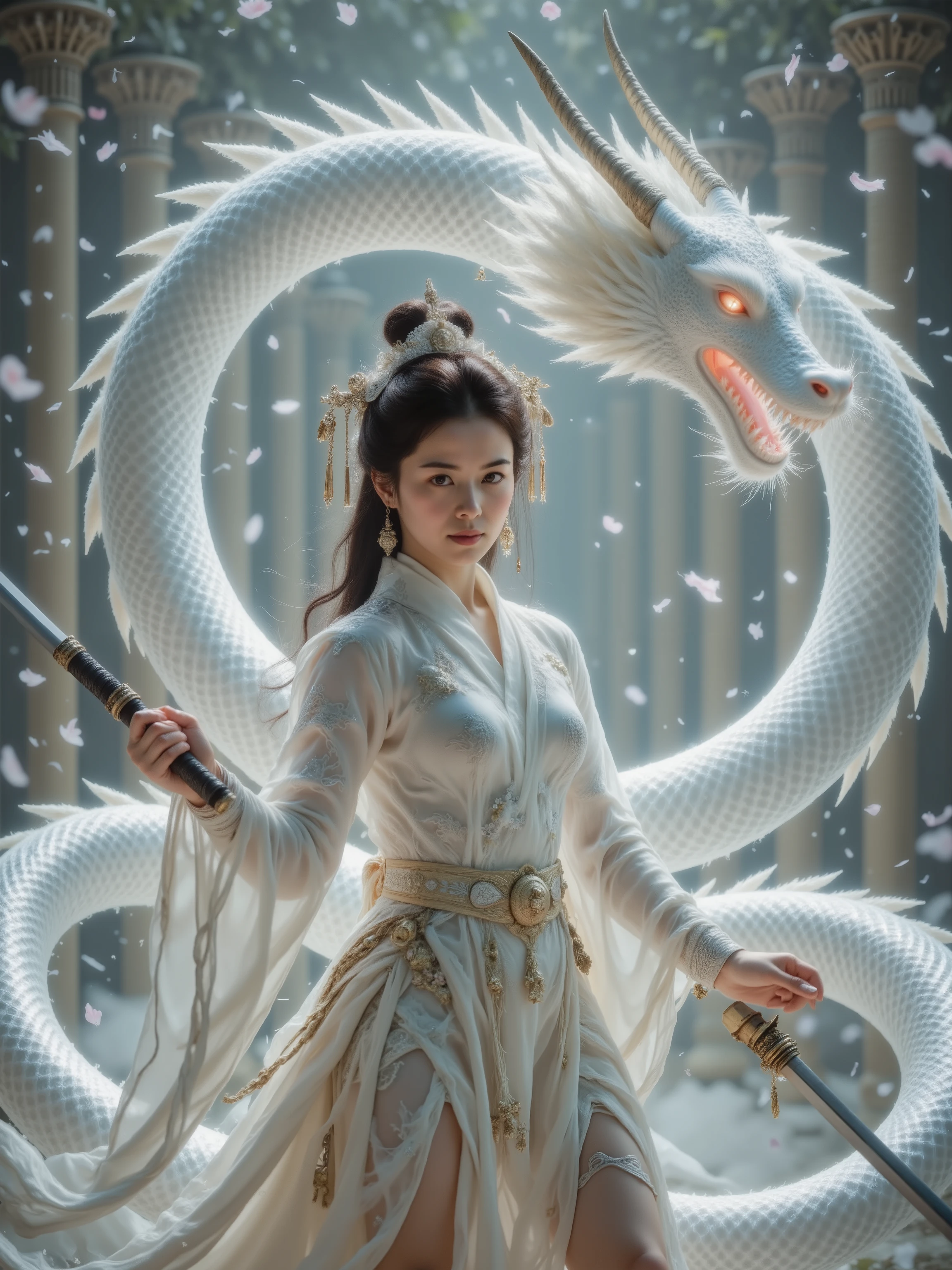 Ancient Japanese queen, adorned with intricately designed golden armor and a majestic headdress, rides a majestic flying pure white jade dragon, its scales glinting like polished gemstones, as it soars towards a distant battleground, its powerful wings beating fiercely, casting a dynamic shadow on the misty atmosphere. The queen, with determined eyes, points her ornate katana forward, her resolute expression illuminated by the warm, fiery hues of the cinematic color grading, reminiscent of a nostalgic film stock. The dragon's deafening roar echoes through the scene, as the queen's long, raven-black hair flows in the wind, contrasted against the dragon's gleaming white coat. The shallow depth of field blurs the background, while the vignette and bokeh effects create a dreamy, ethereal atmosphere, evoking the feeling of a cinematic still, captured on Kodak Porta 400 or Cinestill 800 film, with the Leica M10 camera, and infused with a filmic, nostalgic quality, complete with a warm color palette and subtle grain.
