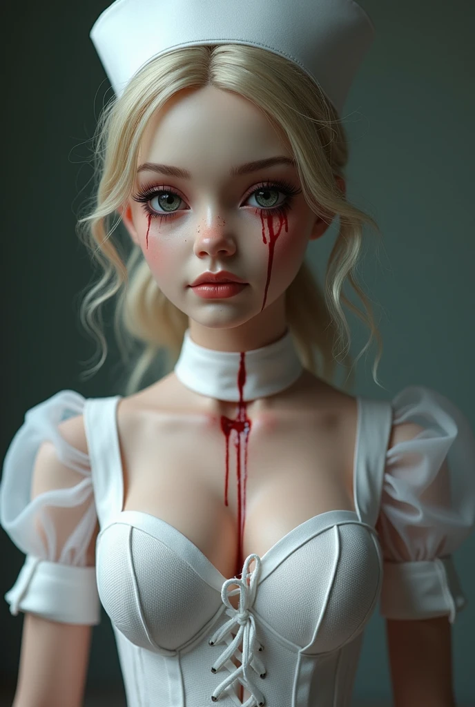 Beautiful young Margaret Quilley, 《last of us》, gaming console, Glasses, Sheer lace top, No bra, Hard , Blue pleated skirt, No panties, Dark tights, Hyperrealistic, , Model body, Small breasts, Beautiful breasts, Long hair, Braided hair, Blonde hair, Long legs, 8K, In front of the lake, cherry blossom, Sunlight, LED lighting, Blood on the wall, pool of blood, Full of human remains, Detailed reflection, Anime style