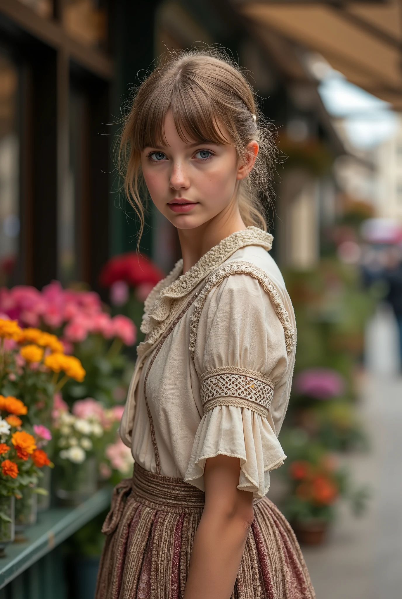 Create a realistic photograph of a beautiful -yeld Frh girl from the late 19th century, captured from head to thigh. She has medium-length hair tied back with dark blonde bangs framing her blue eyes. She is dressed in a typical young woman's outfit from the late 19th century in France. The background features a vibrant flower shop on a street corner in late 19th century Paris, filled with a variety of colorful flowers.