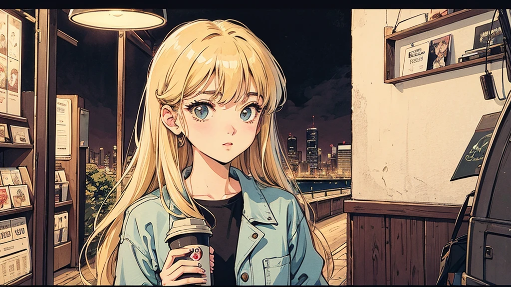 1 person,   Blonde Long Hair ,   I'm studying 80s anime style, Holding coffee in hand, Retro, Lo-Fi, night view, Records lined up,Stylish lighting,Close-up of a woman's face,Face looking sideways , braid hairstyle