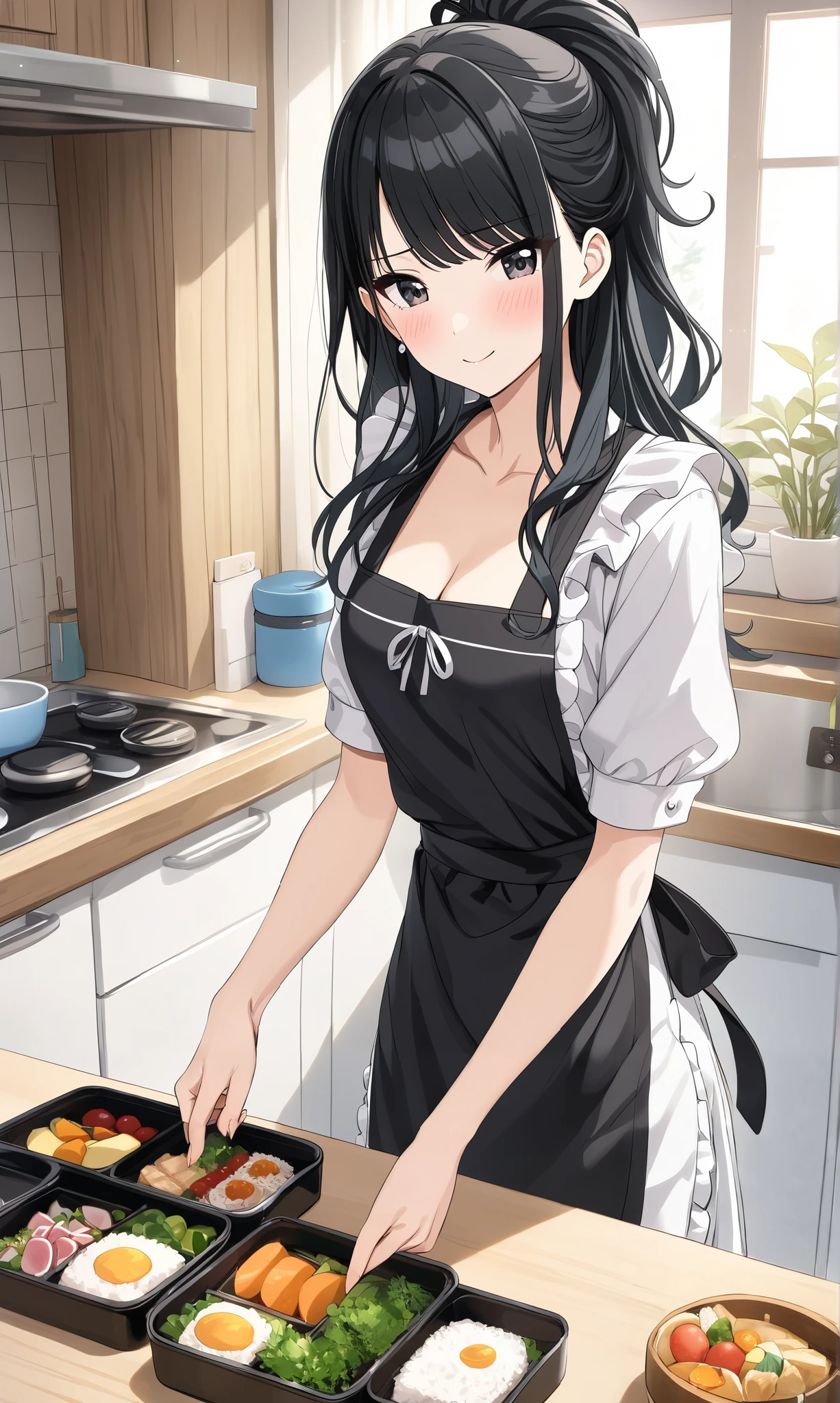 (Hiori Kazano),  ponytail laughing at ,  black hair,  black eyes,  hair between eyes ,  small breasts, cleavage, (blight smile:1.1), (blush:1.2), (shy:1.2), ( cute apron), ( cute pose:1.2), (I'm making bento), (kitchen:1.2),  score_9,  score_8_superior,  score_7_superior,  source_anime, (best quality:1.2), masterpiece,  high quality , full color, 8k,  high resolution,  Front Light