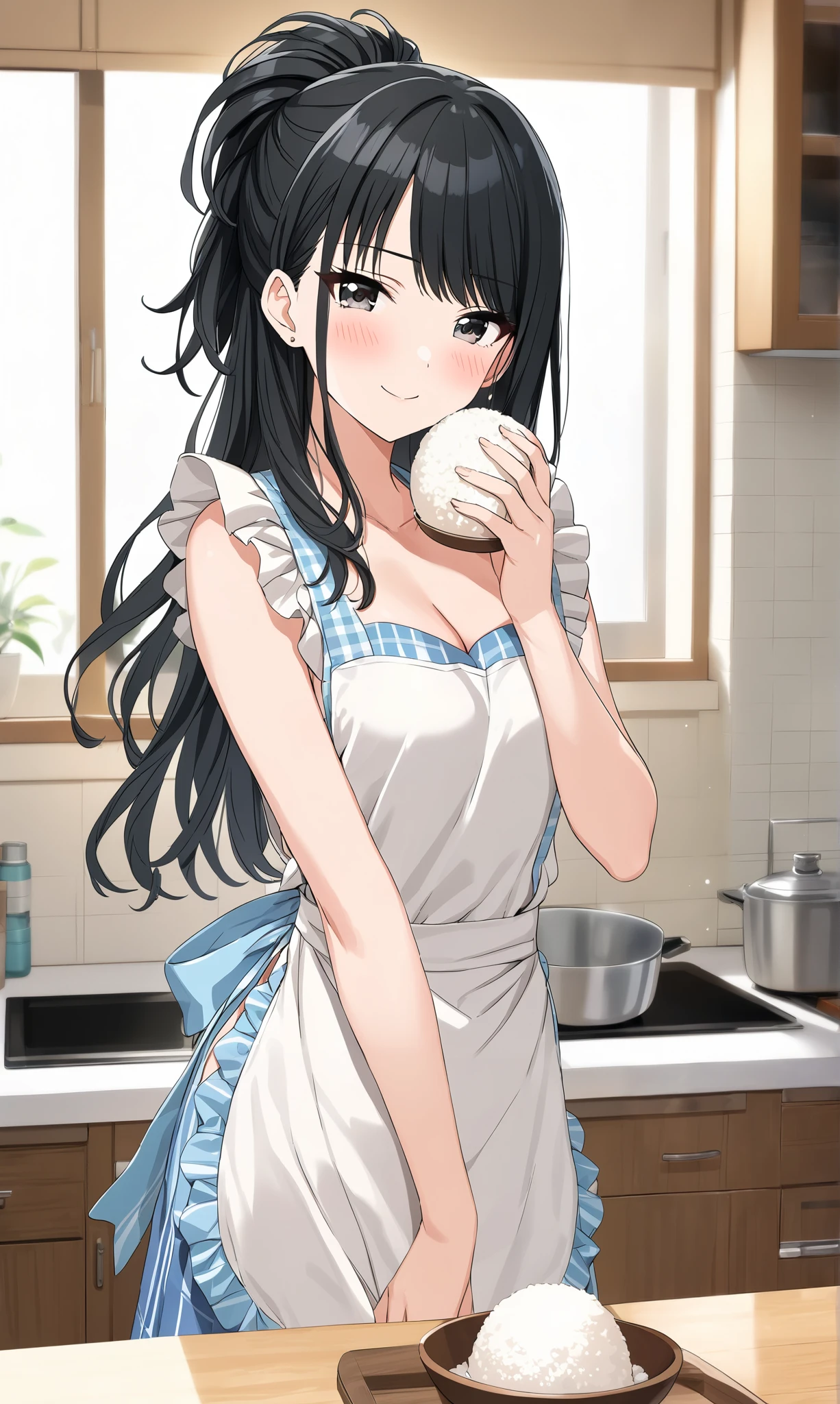 (Hiori Kazano), ponytail laughing at , black hair, black eyes, hair between eyes , small breasts, cleavage, (blight smile:1.1), (blush:1.2), (shy:1.2), ( cute apron), ( cute pose:1.2), (I'm holding a rice ball), (I'm eating grains of rice on my hands), (kitchen:1.2), score_9, score_8_superior, score_7_superior, source_anime, (best quality:1.2), masterpiece, high quality , full color, 8k, high resolution, Front Light