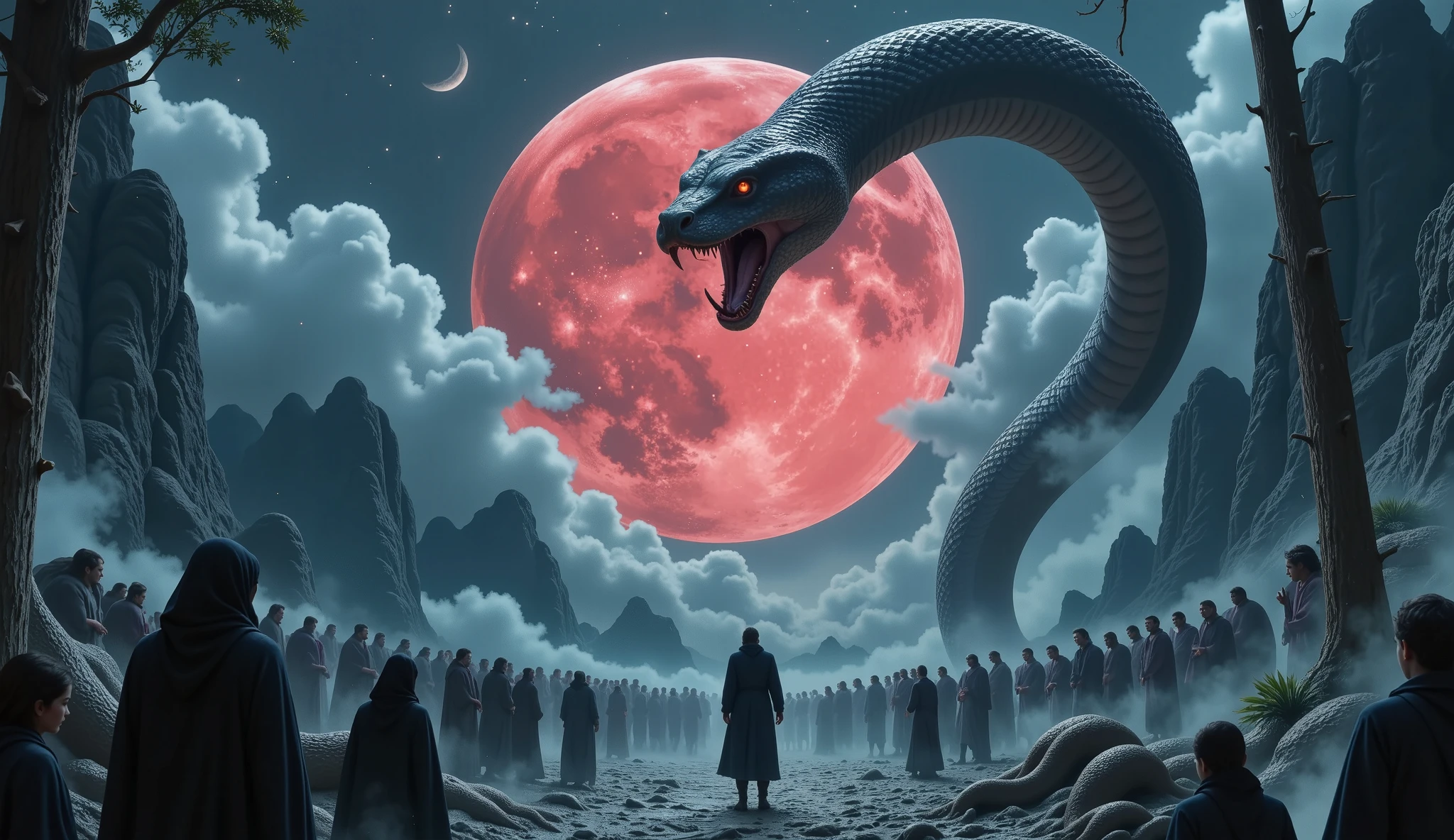 “Under the crimson moonlight, the ritual leader collapsed to the ground, “and was instantly swallowed whole by a giant serpent.” The event happened too fast for anyone to react. His screams vanished into thin air as if they had never existed. The remaining participants, too terrified to escape, scattered to desperately search for their lives.