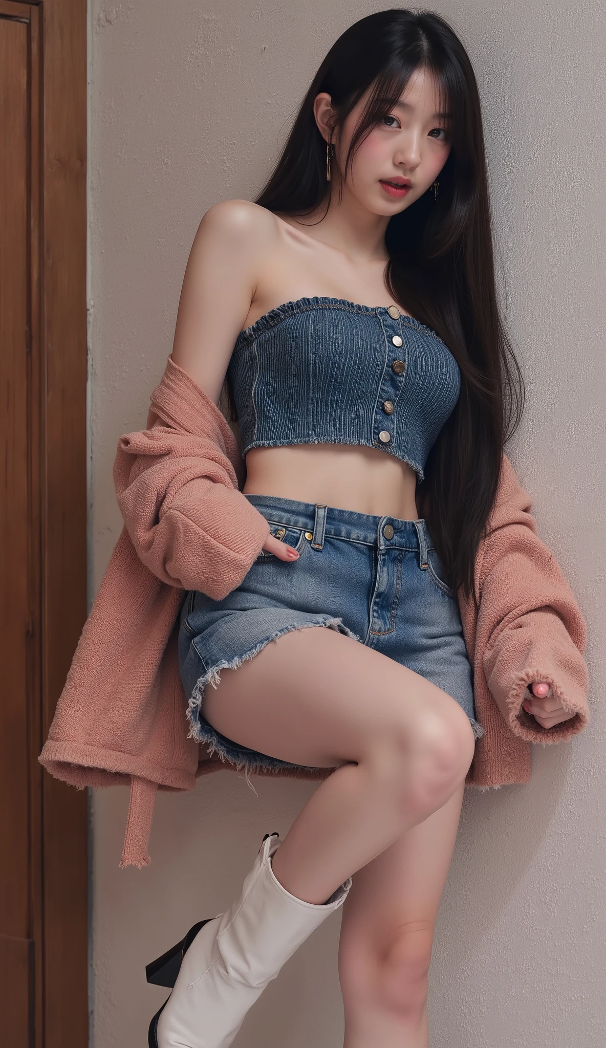 (full body shot:1) Realistic images of Asian women, surreal, photography, long black straight hair, asian woman, Beautiful, cute and sexy 20 year old Asian woman, hourglass shape, perfect body, flirtatious expression, natural big breasts, long eyelashes, cat eye makeup, double eyelid, sexy pose, erotic pose, seductive pose, big breasts, big , Wearing a denim tube top, Cute mini skirt, wall pose, Boots, jacket, White skin