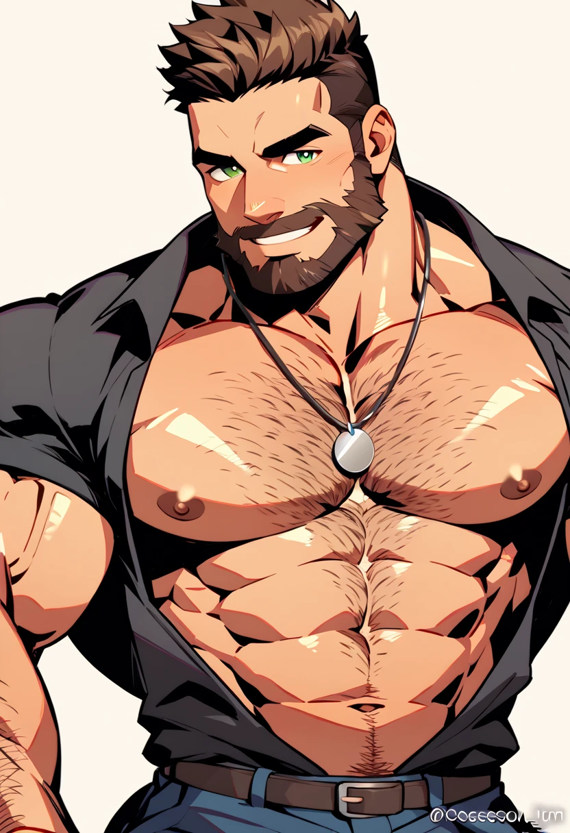 White man with black hair five o’clock shadow muscular build wearing a police uniform